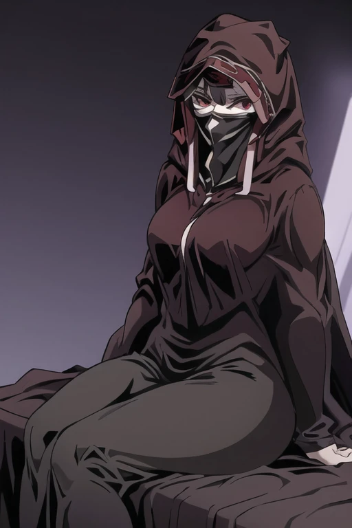 No name assassin, red eyes, breasts, cloak, robe, long skirt, mask, hood, cape, sitting, best quality, masterpiece, bedroom