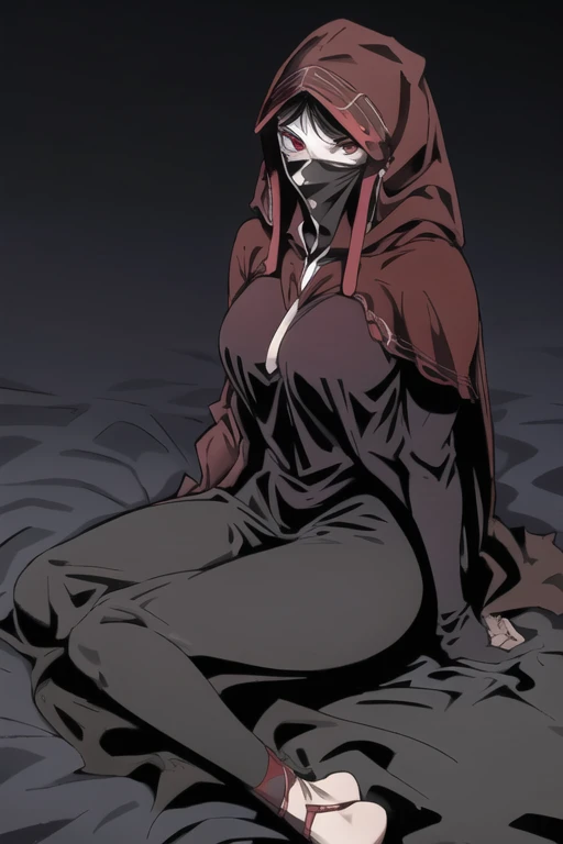 No name assassin, red eyes, breasts, cloak, robe, long skirt, mask, hood, cape, sitting, best quality, masterpiece, bedroom