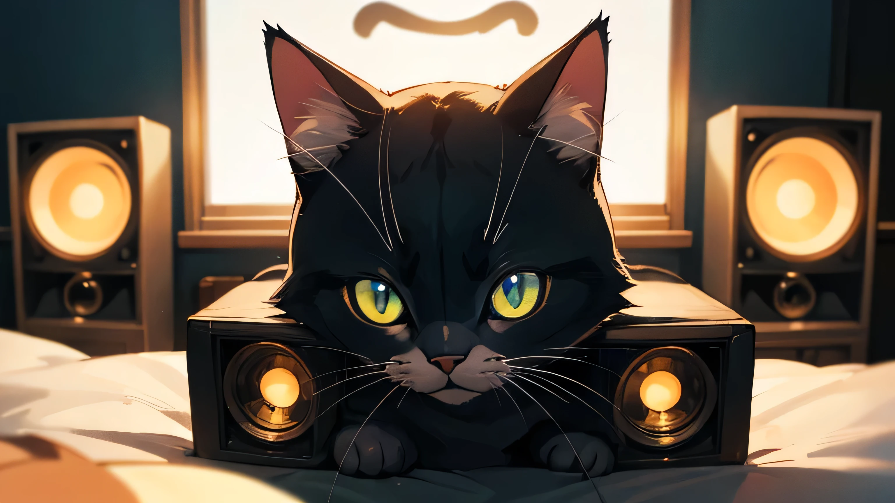 Room with speakers、Real Cat、Upper body close-up、night