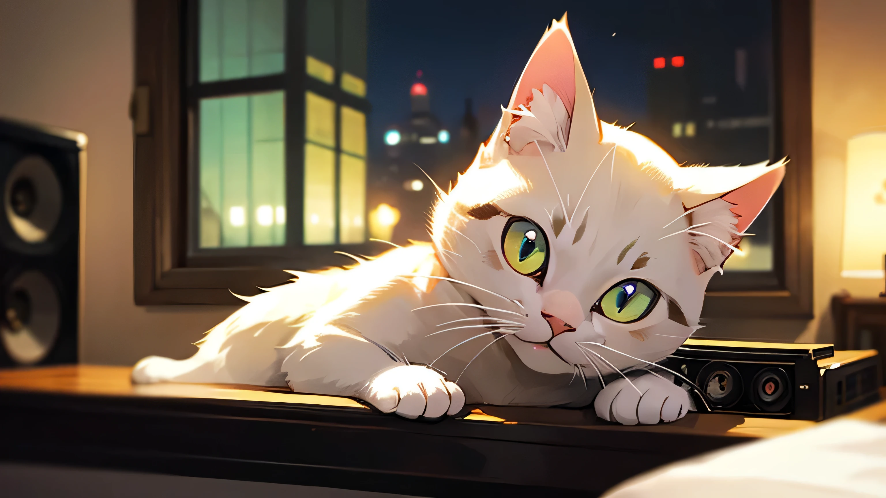 Room with speakers、Real Cat、Upper body close-up、night