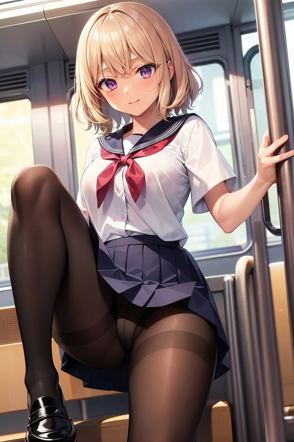 (Tabletop, highest quality, Super detailed), One Girl, Purple eyes, Blonde Hair, Dark Skin, Short Hair、Perm Hair、((Japanese school uniform))、((pantyhose))、(on the train)、(mini skirt)、Leg spread、Black Panties
