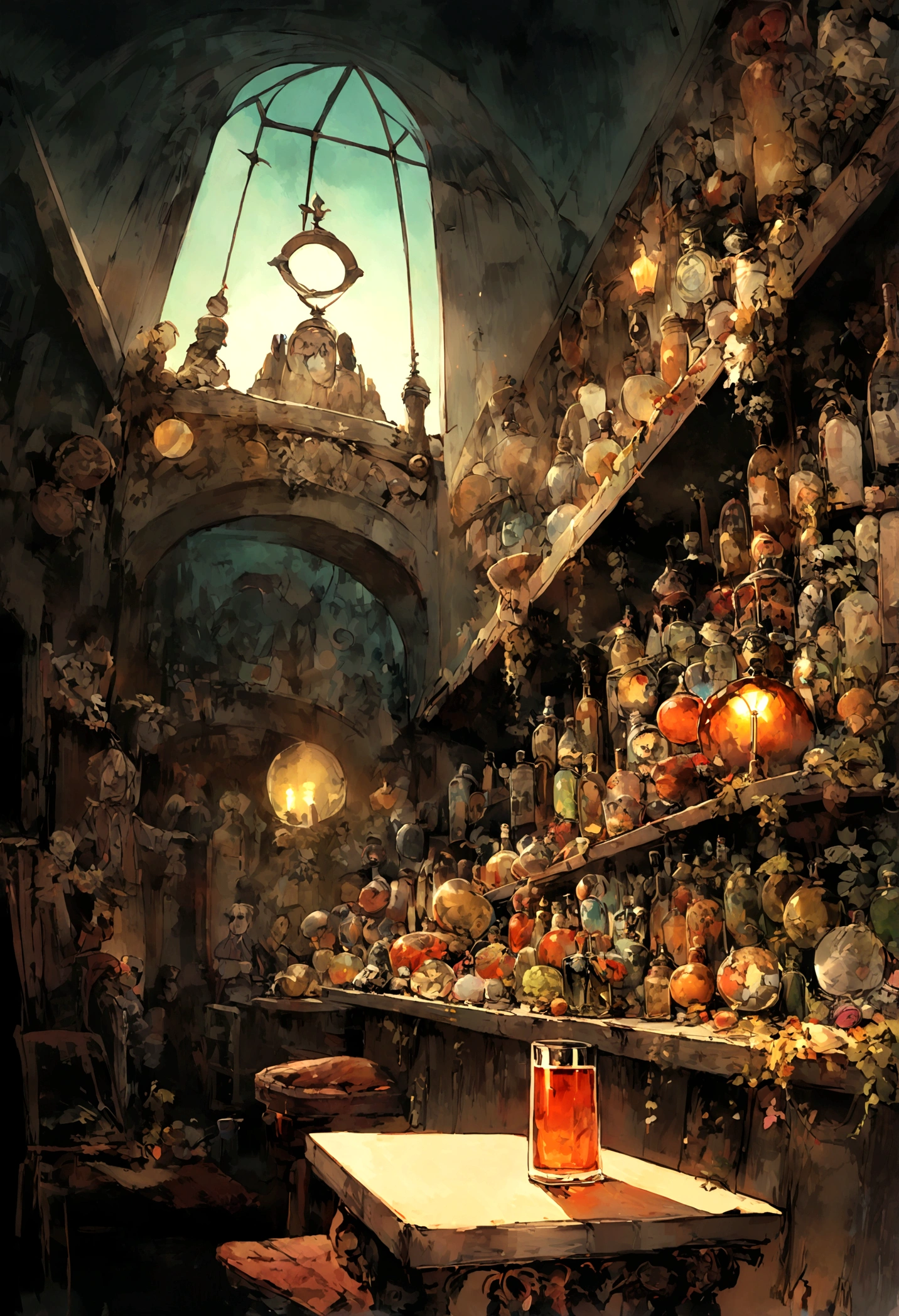 A bar full of alcoholic drinks, misterioso acogedoramente misterioso,ventana del piso al techo,Rained,inside the room,lamplight,amargo