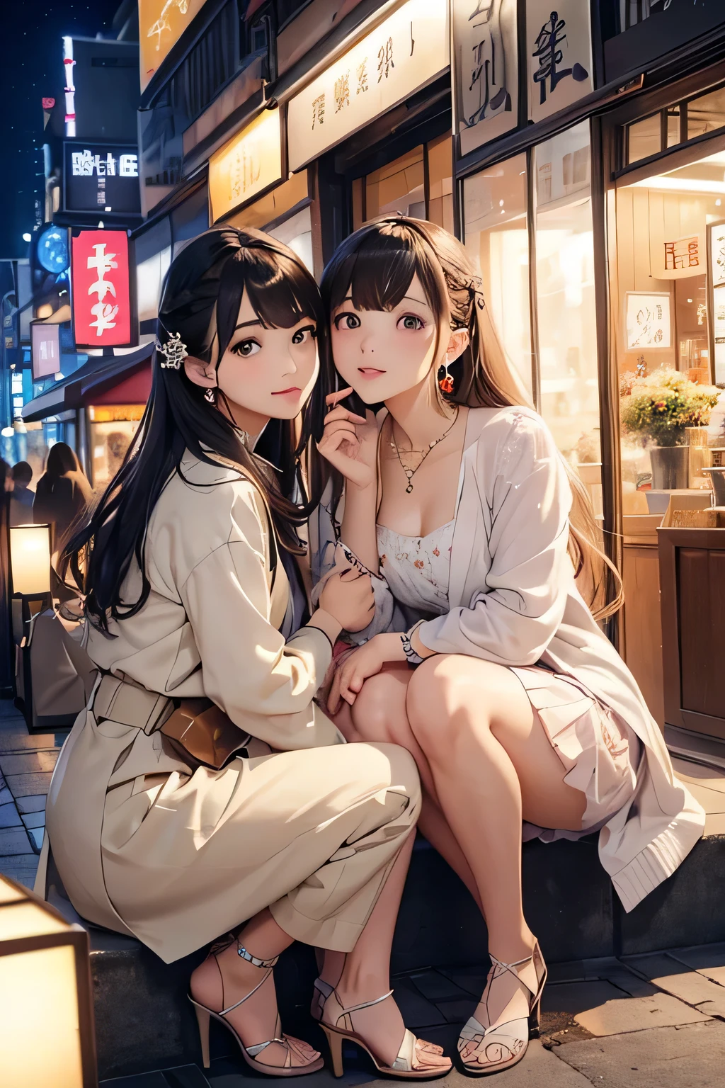 highest quality、High resolution、Detailed Background、(Beautiful face in every detail:1.4)、Anatomically correct、(Detailed facial expressions)、(Detailed eyes:1.2)、age beauty、(Highly detailed face:1.4)、Cute hair colour、Braided long hair、Wavy Hairstyle、Cute hairstyle、well-groomed eyebrows、Cute Eye Makeup、Cute Lip Makeup、Perfect body line、A neat and mature impression、Cute gestures、

(Two beautiful women having a good time with a night view spot in the background:1.5)、

For tops, we recommend chiffon blouses and shirts with frills that have feminine textures and details.、The colors are light pastels and creams.、beige、Pink and other colors give a cute impression、Knee-length flared skirts and pretty wide pants are stylish.、The skirt is made of chiffon or satin、Wide pants have a waist mark、

We recommend wearing a short jacket or cardigan as a cover-up.、
While giving an elegant impression、The color is beige、gray、Plain colors such as black are basic.、

Pumps and sandals are fashionable、We recommend a heel height of about 5cm.、
The feminine decorations, such as those with straps and ribbons, create a cute atmosphere.、Earrings、necklace、It is fashionable to combine it with rings etc.、
We recommend items with elegant textures such as pearls and jewels.、

Tokyo Tower、You can see the night view of the city center、A classic night view spot、The illumination at night is especially beautiful.、Tokyo Sky Tree、Calm atmosphere、very beautiful