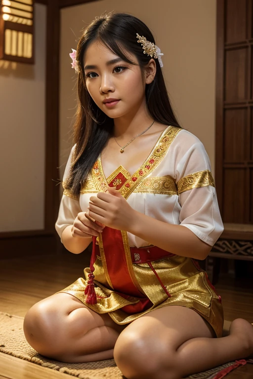 Stunning single woman on Instagram, sexy Chinese woman sexy sitting poses, her radiant beauty captivates the viewer. She wears traditional, ornate Chinese clothing whose intricate patterns and textures highlight her cultural heritage. Her piercing eyes shine with independence. photorealistic, only one woman in the photo, random facial appearance, wet body, young face, prostitute