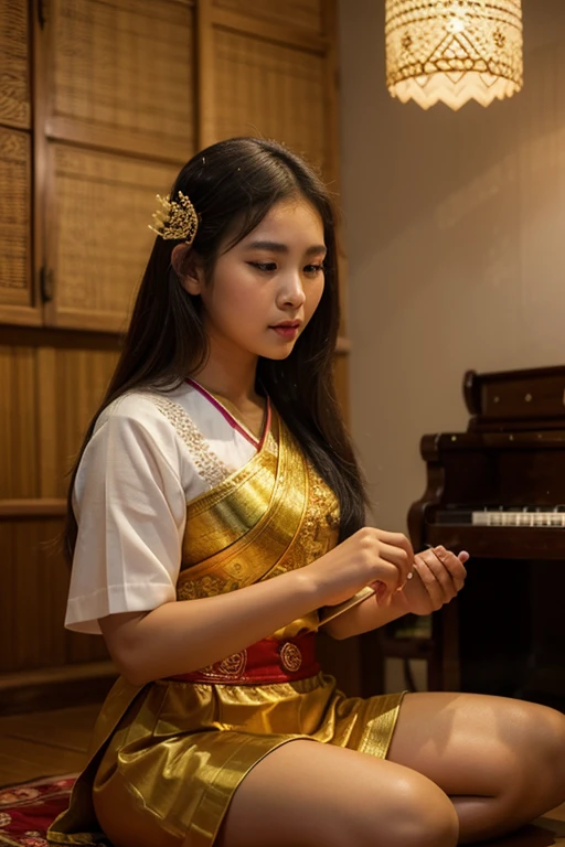(8ก, Highest quality, very detailed:1.37), 18 years old, Plump shows off her musical skills while playing a traditional Thai instrument.. She was immersed in the beautiful song., Continuing the essence of Thai music. High-resolution images capture detailed realism., highlighting สิรินภา's passionate expression, Attractive eyes, and flawless skin. Traditional Thai musical instruments and intricate musical decorations enhance the cultural richness of the image., creating a visually stunning representation of สิรินภา as a Thai musician.