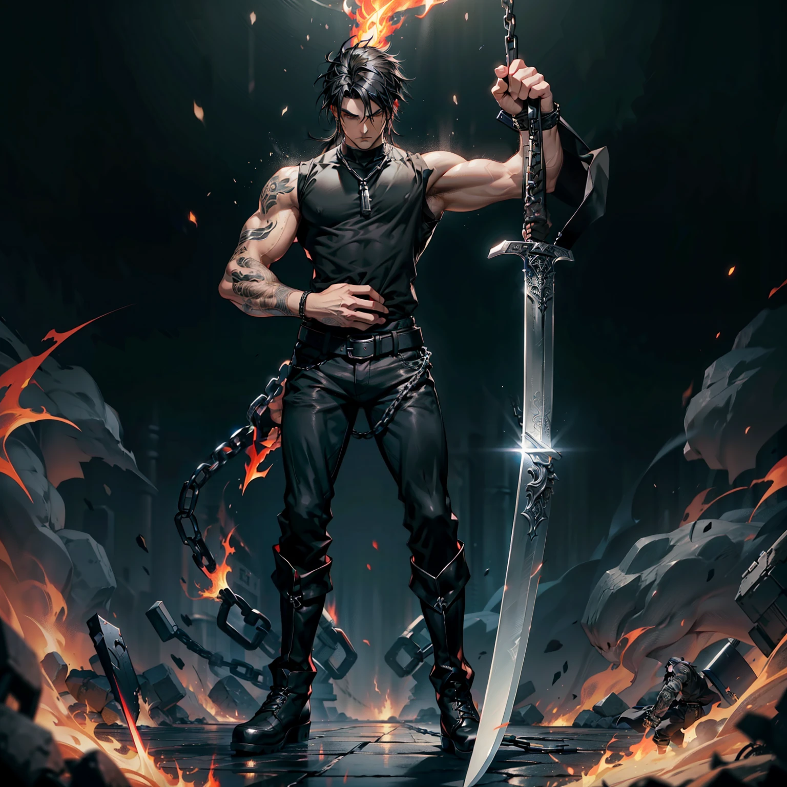boys 26 Years old, Serious face, muscular, black hair, flowing hair, wearing ((black shirt)), sleeveless, black bootcut trousers, black shoes, holding sword, flames, chains, giant sword