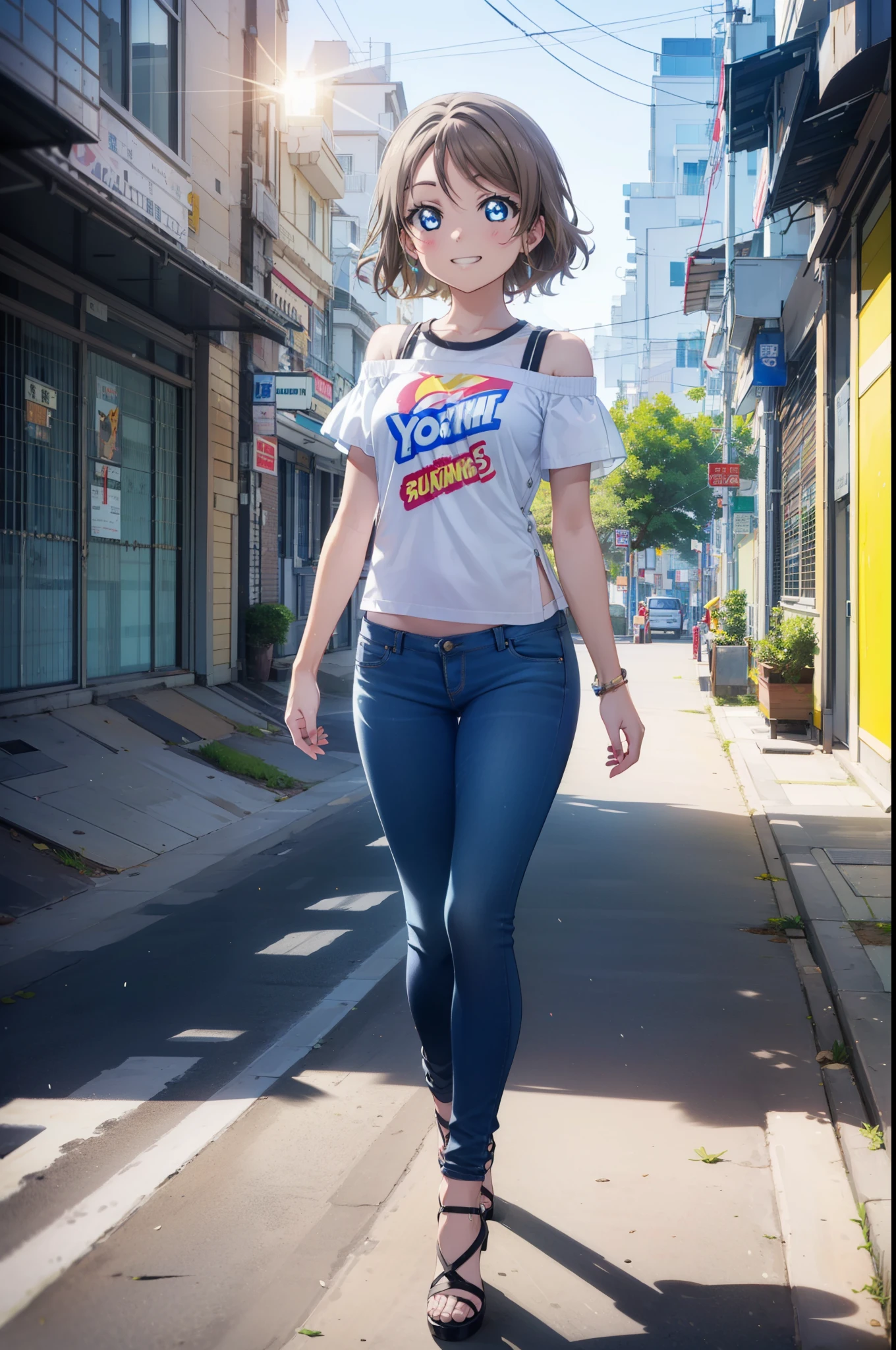 Yo Watanabe, Yu Watanabe, short hair, blue eyes, Brown Hair, Orange hair band,smile, Grin,Cold shoulder tops,Short sleeve,skinny pants,Stiletto heels,Walking,morning,morning陽,The sun is rising,whole bodyがイラストに入るように,
break outdoors, Building district,Coastal Road,
break looking at viewer, whole body,
break (masterpiece:1.2), highest quality, High resolution, unity 8k wallpaper, (figure:0.8), (Beautiful fine details:1.6), Highly detailed face, Perfect lighting, Highly detailed CG, (Perfect hands, Perfect Anatomy),