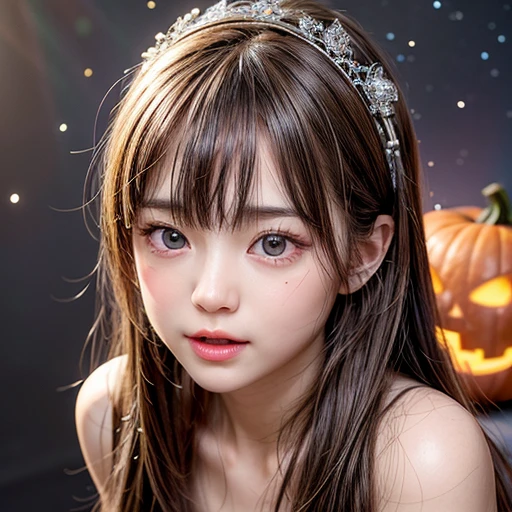 NSFW, 8k, High-level, absurd, masterpiece, best quality, primitive, very detailed CG, very detailed wallpaper, perfect lighting, Extremely detailed (((The personifying " Jack-o'-Lantern " as a ))), MysticSight, Tyndall effect, Tyndall scattering, Studio gray background with (many Dazzling RainbowColor particles BokeH:1.28), (RoundlyButts, ThighGap), (Exposed:0.4), (Assfocus with looking ahead), BREAK (NOGIZAKA face variations) Extremely Detailed very KAWAII face variations, perfect anatomy, Childish, captivating gaze, elaborate detailed Eyes with (sparkling highlights:1.28), long eyelashes、Glossy RED Lips with beautiful details, Coquettish tongue, Rosy cheeks, Radiant PearlSkin with clear transparency . { (Dynamic LifeLike expressions:1.4) | :d) }, (large eyes:-1) .