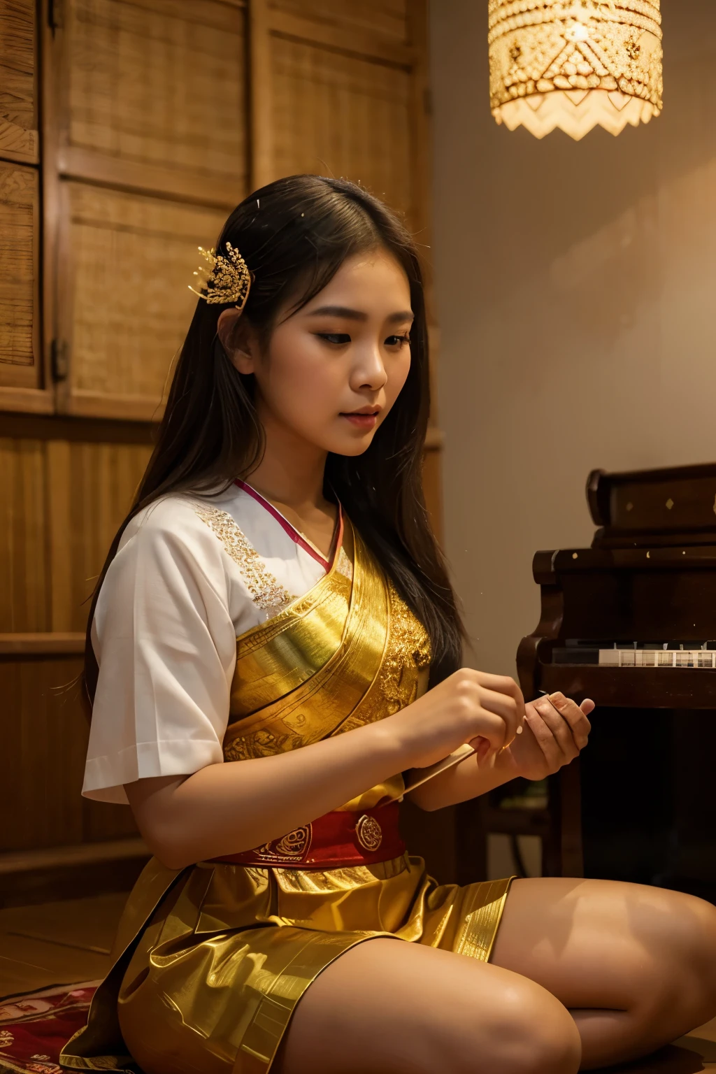 (8ก, Highest quality, very detailed:1.37),  18 years old, Plump shows off her musical skills while playing a traditional Thai instrument.. She was immersed in the beautiful song., Continuing the essence of Thai music. High-resolution images capture detailed realism., highlighting สิรินภา's passionate expression, Attractive eyes, and flawless skin. Traditional Thai musical instruments and intricate musical decorations enhance the cultural richness of the image., creating a visually stunning representation of สิรินภา as a Thai musician.