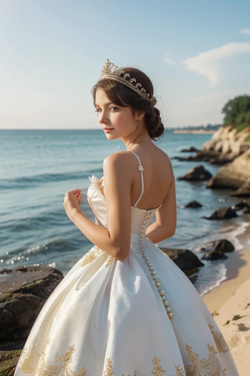 Иллюстрация к сказке о царе withалтане А.with. Pushkin - The Swan Princess - a beautiful girl in a white brocade dress, decorated with pearls, in a diamond crown, with white swan wings, stands on the seashore.