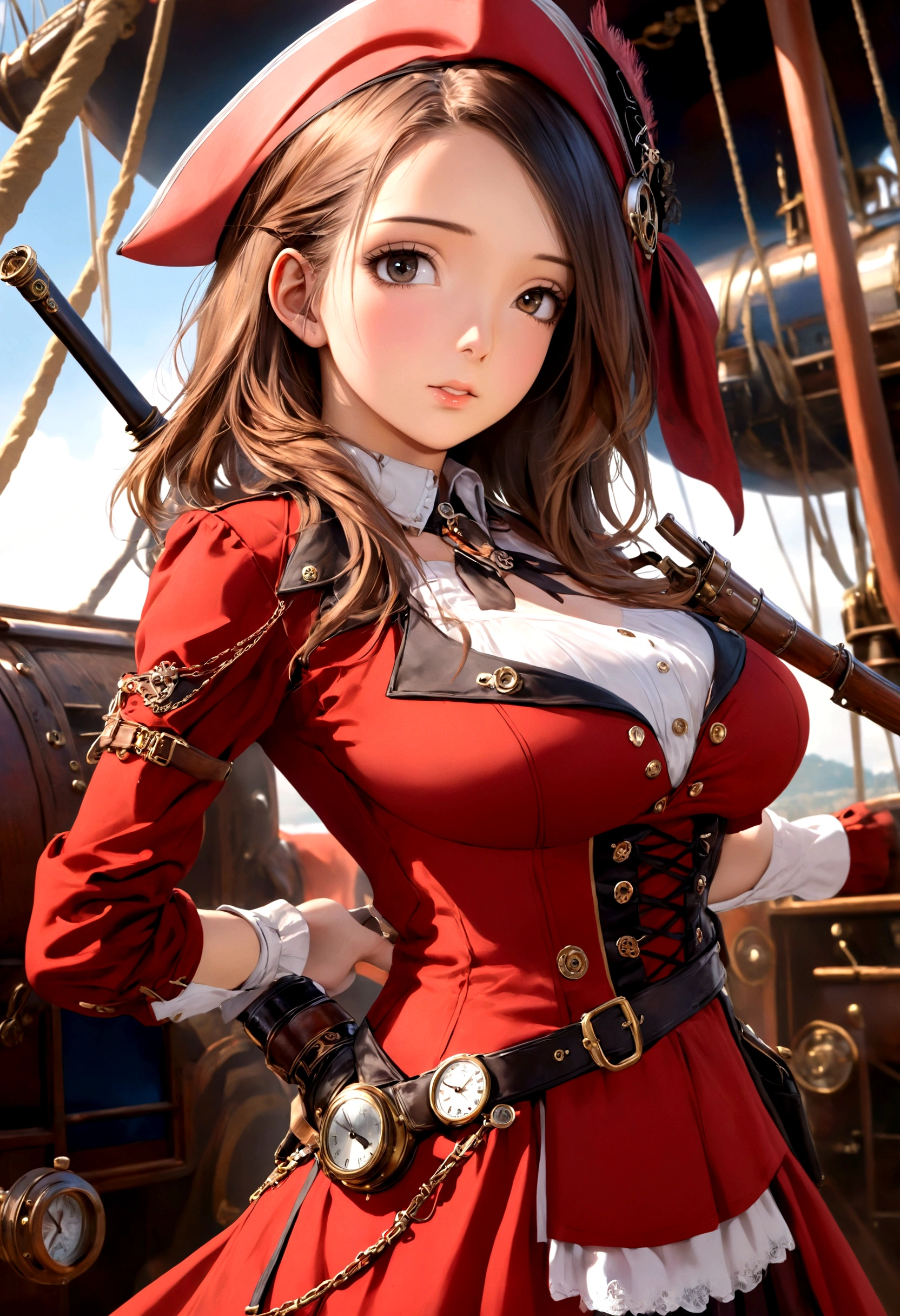 a cute woman sky pirate, sexy over exposed pirate outfit, sword pistol at side, pirate hat, red themed steampunk airship, crew, best quality, 4k, 8k, highres, masterpiece:1.2, ultra-detailed, realistic, photorealistic, photo-realistic:1.37, HDR, UHD, studio lighting, ultra-fine painting, sharp focus, physically-based rendering, extreme detail description, professional, vivid colors, bokeh, portraits, steampunk
