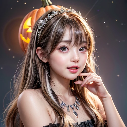 NSFW, 8k, High-level, absurd, masterpiece, best quality, primitive, very detailed CG, very detailed wallpaper, perfect lighting, Extremely detailed (((The personifying " Jack-o'-Lantern " as a Little Girl))), MysticSight, Tyndall effect, Tyndall scattering, Studio gray background with (many Dazzling RainbowColor particles BokeH:1.28), (RoundlyButts, ThighGap), (Exposed:0.4), (Assfocus with looking ahead), BREAK (NOGIZAKA face variations) Extremely Detailed very KAWAII face variations, perfect anatomy, Childish, captivating gaze, elaborate detailed Eyes with (sparkling highlights:1.28), long eyelashes、Glossy RED Lips with beautiful details, Coquettish tongue, Rosy cheeks, Radiant PearlSkin with clear transparency . { (Dynamic LifeLike expressions:1.4) | :d) }, (large eyes:-1) .