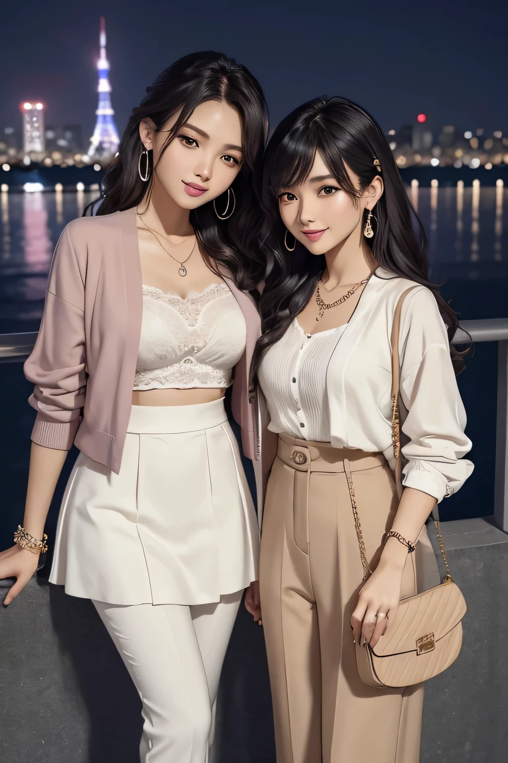 highest quality、High resolution、Detailed Background、(Beautiful face in every detail:1.4)、Anatomically correct、(Detailed facial expressions)、(Detailed eyes:1.2)、Teenage beauty、(Highly detailed face:1.4)、Cute hair colour、Braided long hair、Wavy Hairstyle、Cute hairstyle、well-groomed eyebrows、Cute Eye Makeup、Cute Lip Makeup、Perfect body line、A neat and mature impression、Cute gestures、A big smile、
(Two beautiful women having a good time with a night view spot in the background:1.5)、
For tops, we recommend chiffon blouses and shirts with frills that have feminine textures and details.、The colors are light pastels and creams.、beige、Pink and other colors give a cute impression、Knee-length flared skirts and pretty wide pants are stylish.、The skirt is made of chiffon or satin、Wide pants have a waist mark、
We recommend wearing a short jacket or cardigan as a cover-up.、
While giving an elegant impression、The color is beige、gray、Plain colors such as black are basic.、
Pumps and sandals are fashionable、We recommend a heel height of about 5cm.、
The feminine decorations, such as those with straps and ribbons, create a cute atmosphere.、Earrings、necklace、It is fashionable to combine it with rings etc.、
We recommend items with elegant textures such as pearls and jewels.、
Tokyo Tower、You can see the night view of the city center、A classic night view spot、The illumination at night is especially beautiful.、Tokyo Sky Tree、Calm atmosphere、very beautiful
