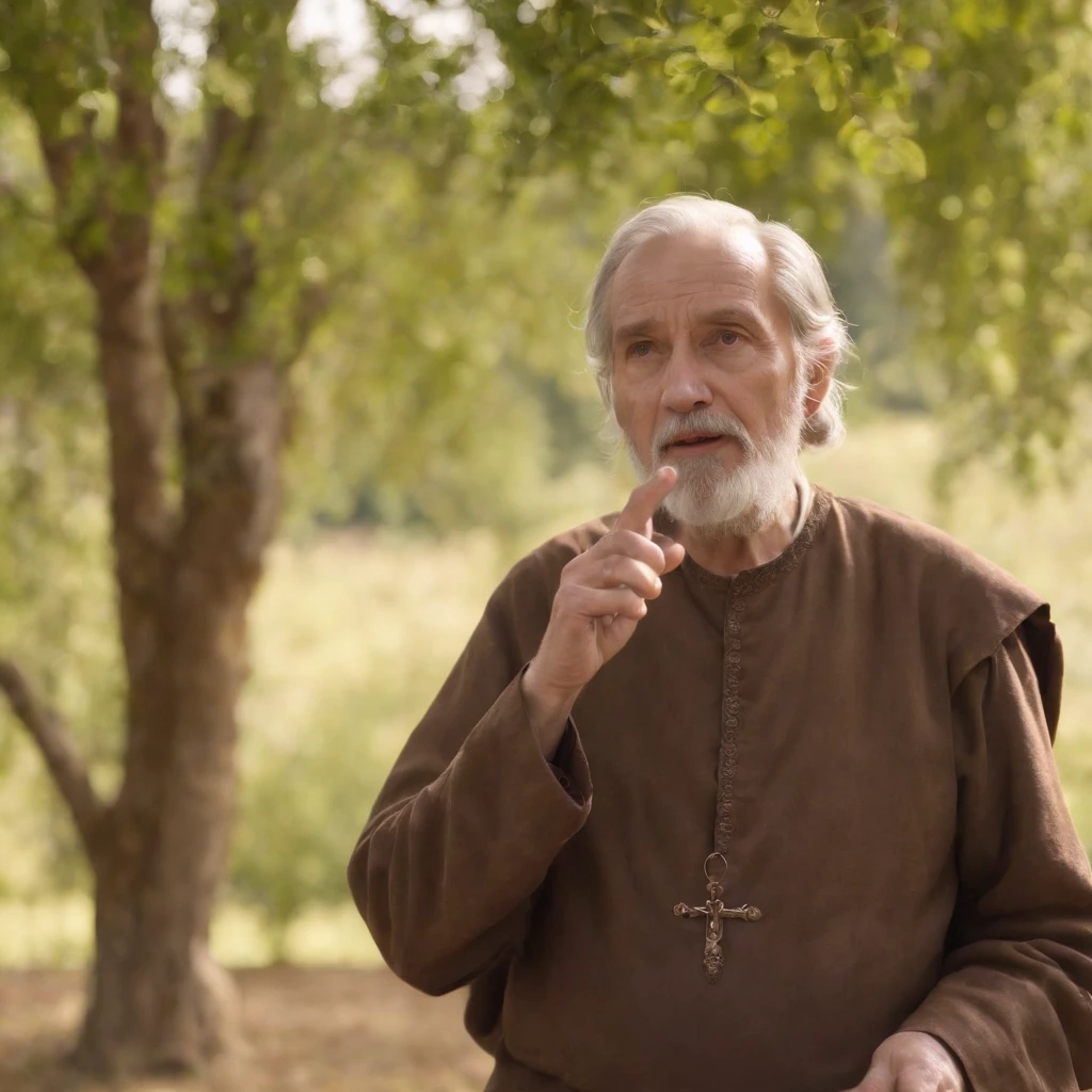 The old philosopher gesturing while speaking, with Zenon showing signs of understanding and acceptance, in a peaceful setting with trees and birds in the background.