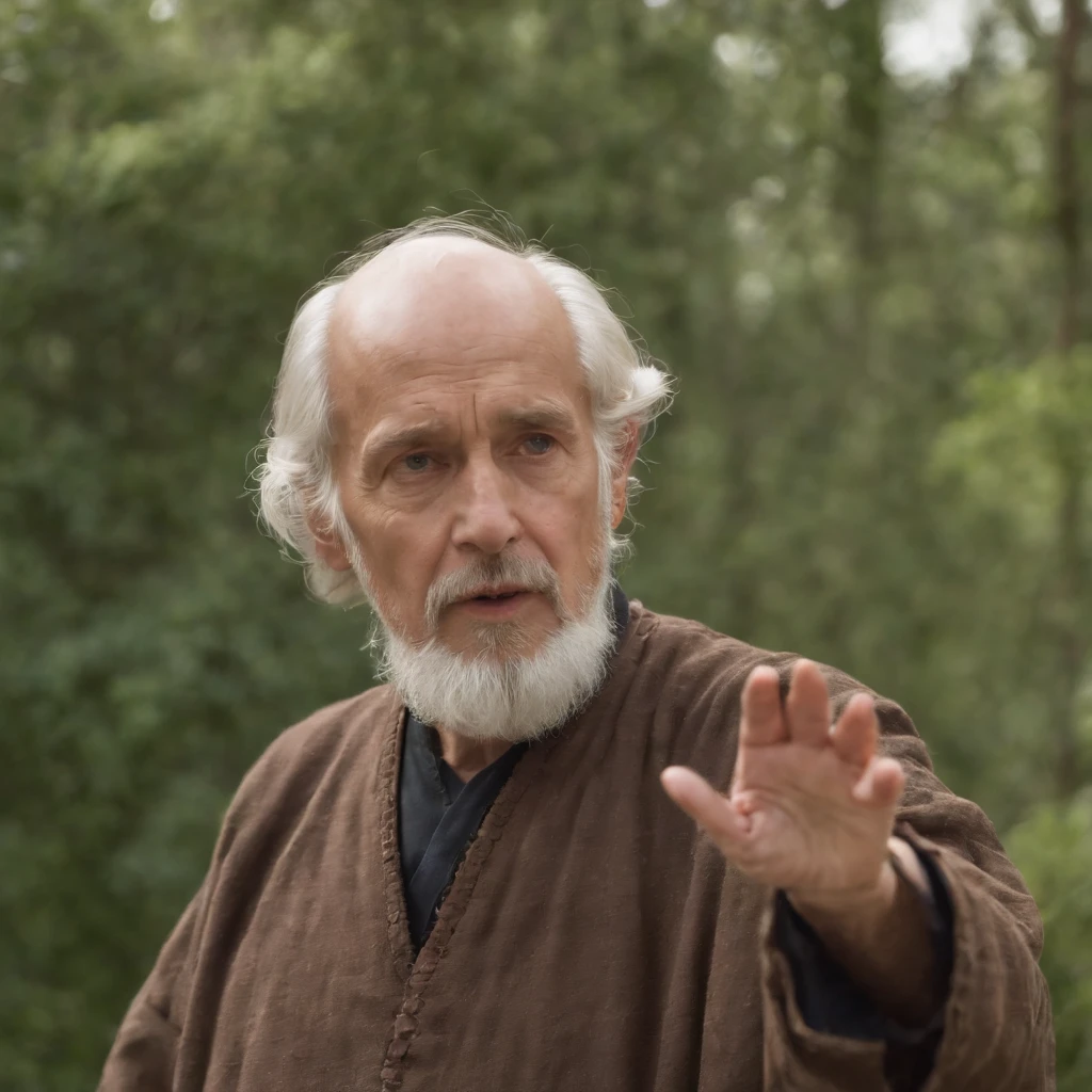 The old philosopher gesturing while speaking, with Zenon showing signs of understanding and acceptance, in a peaceful setting with trees and birds in the background.