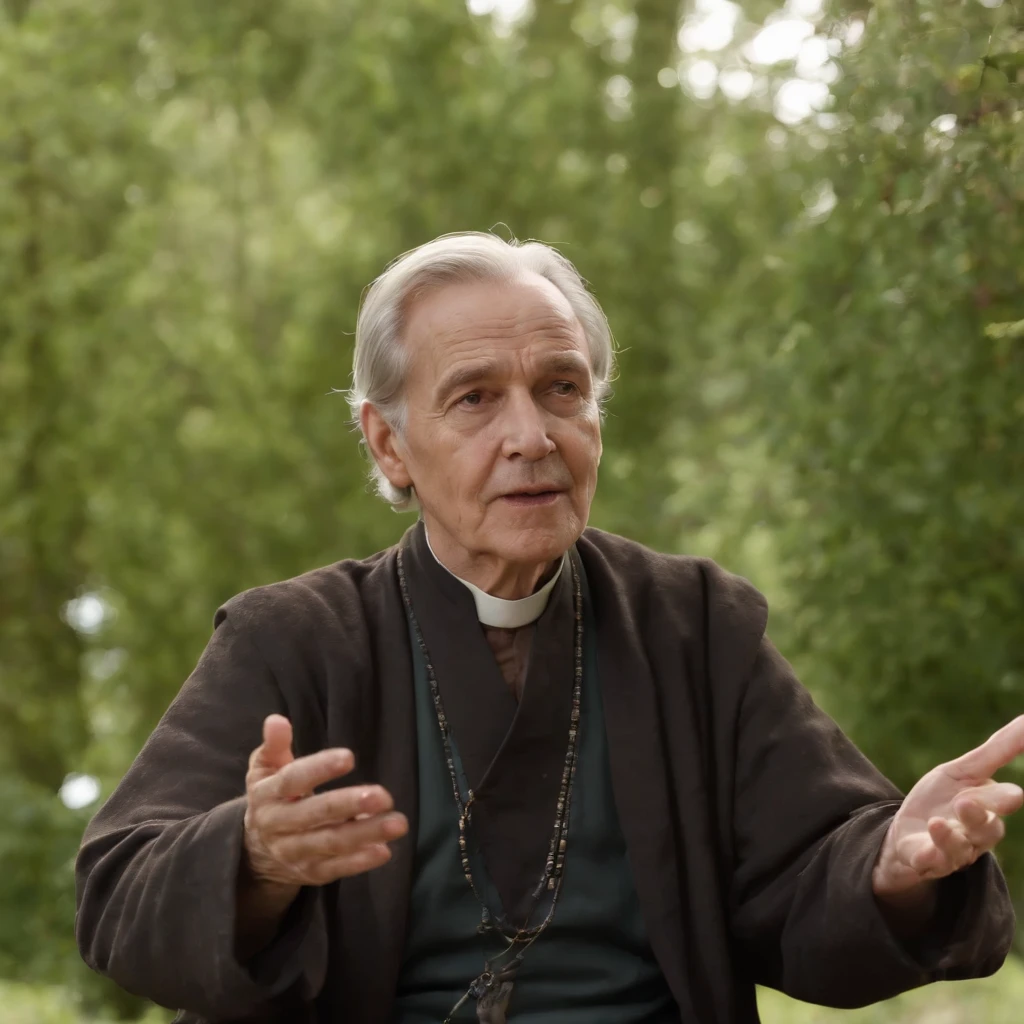 The old philosopher gesturing while speaking, with Zenon showing signs of understanding and acceptance, in a peaceful setting with trees and birds in the background.