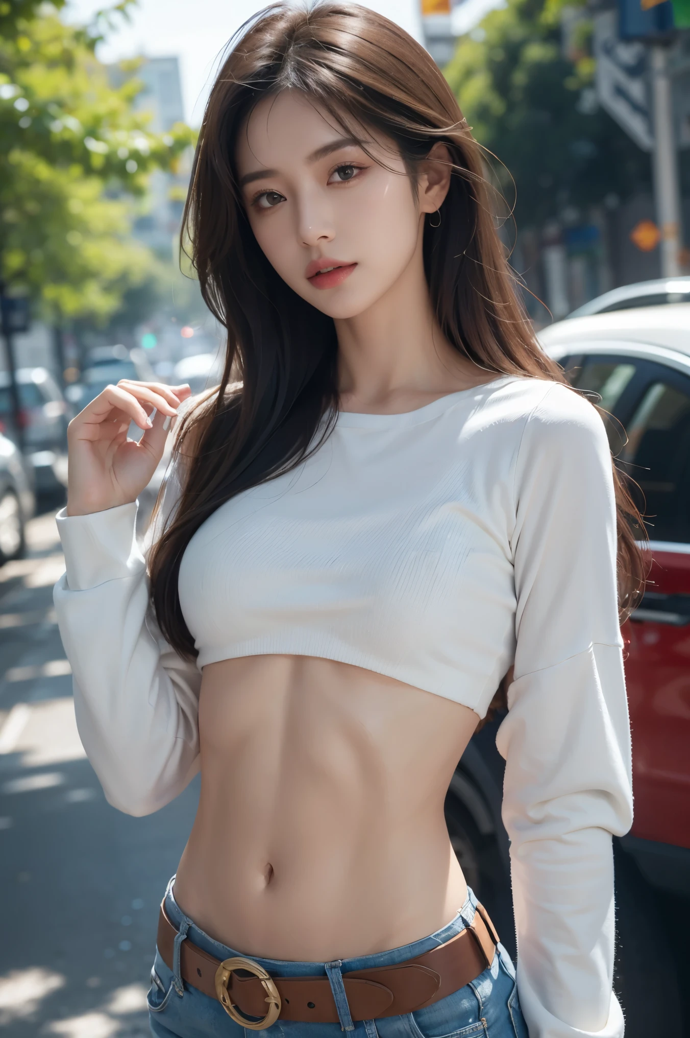 a girl, bare midriff, exposed navel, sexy abs, extremely detailed face and body, long sleeves, low-rise hot pants, metal belt, cowboy shot, hot summer street, sweaty skin, photorealistic, 8k, highly detailed, masterpiece, cinematic lighting, vibrant colors, beautiful detailed eyes, beautiful detailed lips, extremely detailed face, longeyelashes, realistic skin texture