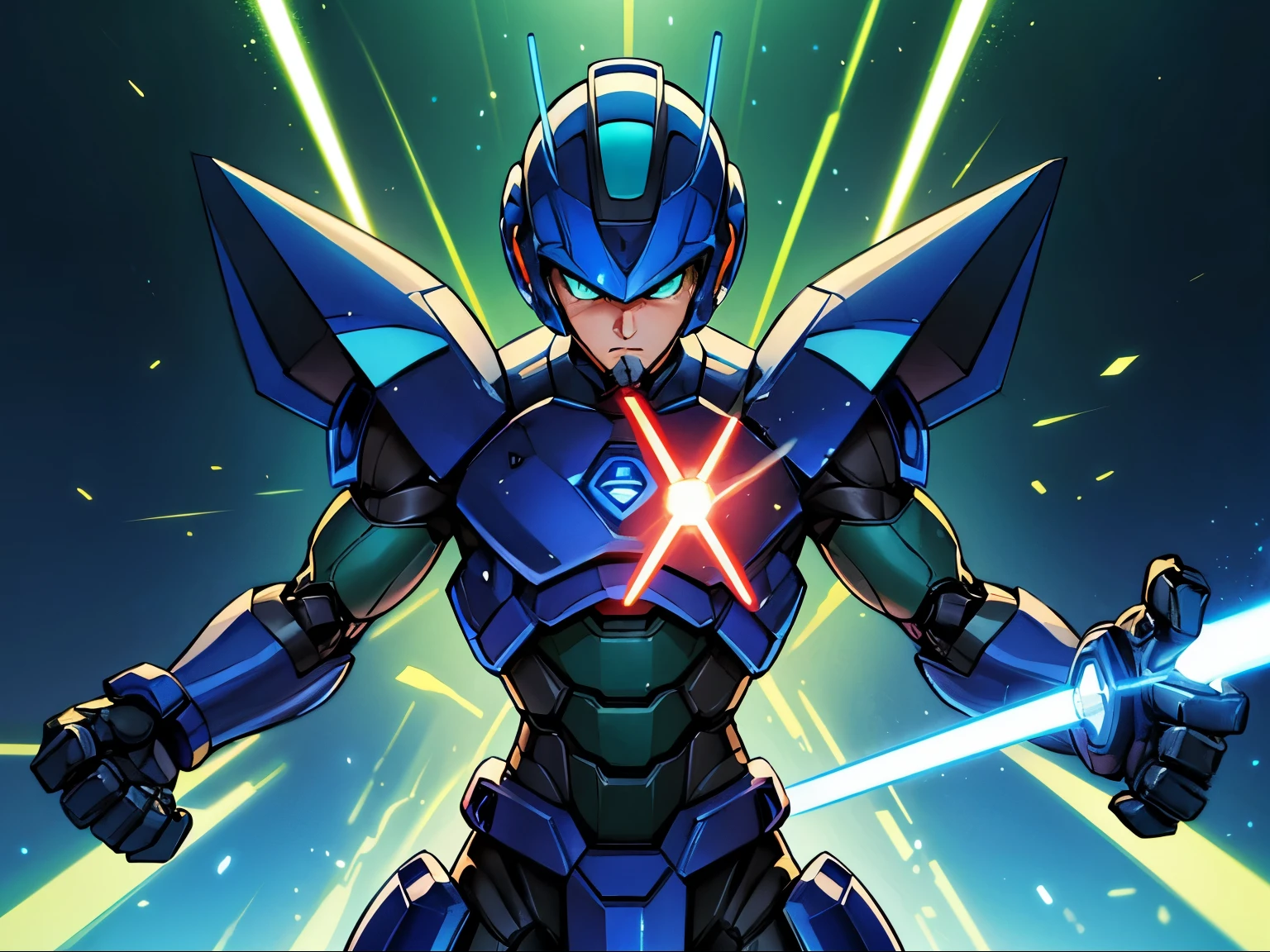 masterpiece,best quality,1boy,(solo),male focus,megamanx,mature male,muscular,green eyes,broon  hair,helmet,android,holding weapon,((holding beam saber)),serious,blue theme,mechanical parts,robot joints,headgear,fighting stance,