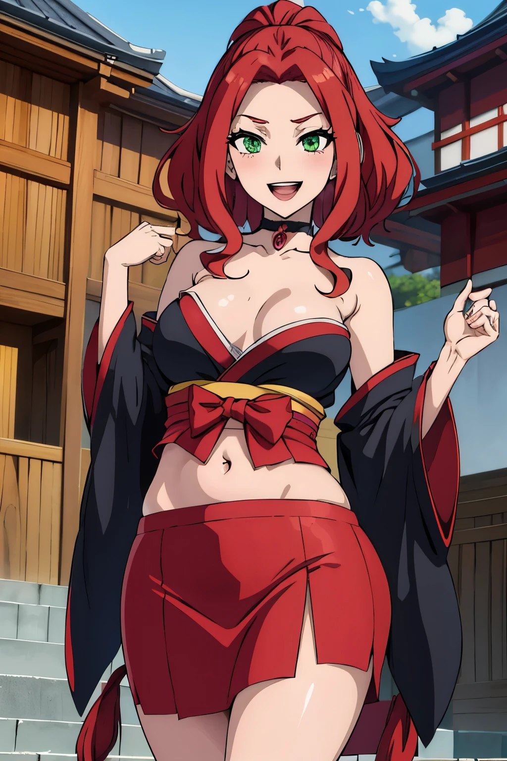 bitch medium breasts, red hair, beautiful face, green eyes, evil smile, blush, lipstick, evil smile , choker, masterpiece, best quality, highly detailed, a anime girls in kimono dress with a sword posing for a
picture, bare shoulder,open kimono, evil smile, open mouth, crop top , (nsfw) not safe for work, smile,
ecchi anime style, anime girls, ecchi style, ecchi, digital anime art!!, in anime style, official artwork, visual
novel cg, beautiful anime girl, anime style 4 k, kimono pencil skirt, exposed belly, exposed navel,
exposed midriff, exposed lower belly, outdoor, japanese architecture, temple