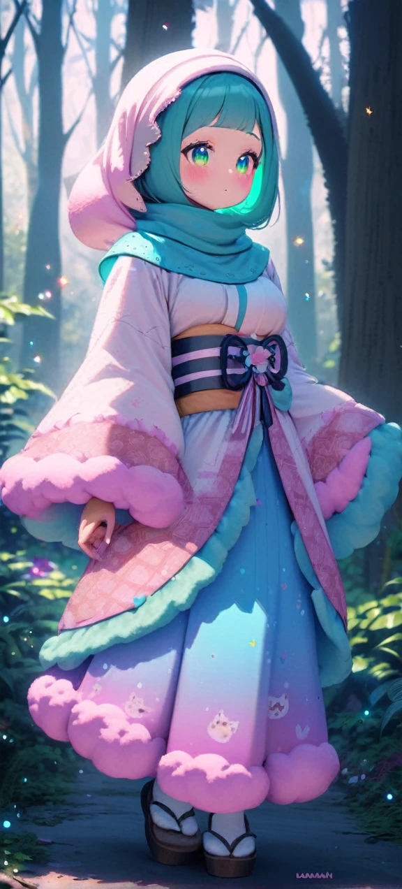 , change, Fluffy outfit ,
1 Girl, kimono, , Full Body Love, hijab,
Kawaiitech, Soft colors, Kawaii, Lovely colors,forest, glowing, muslimah outfit