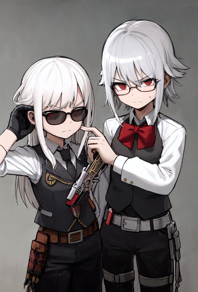 una gabardina gris como la de dante de devil man cry, black pants black vest white shirt a gun belt with his two favorite weapons pair of intimidating and high-powered semi-automatic pistols called 454 Casull and Jackal how about the weapons on the sides say 狂気は、When you know how to use it to your advantage.、贈り物となるthat on the front is to say where the weapons are fired, how about they sayショータイムです and finally some retro fashion UV polarized glasses and black gloves exposing his knuckles and index finger on each hand his pants are wrapped with a belt black with a silver emblem