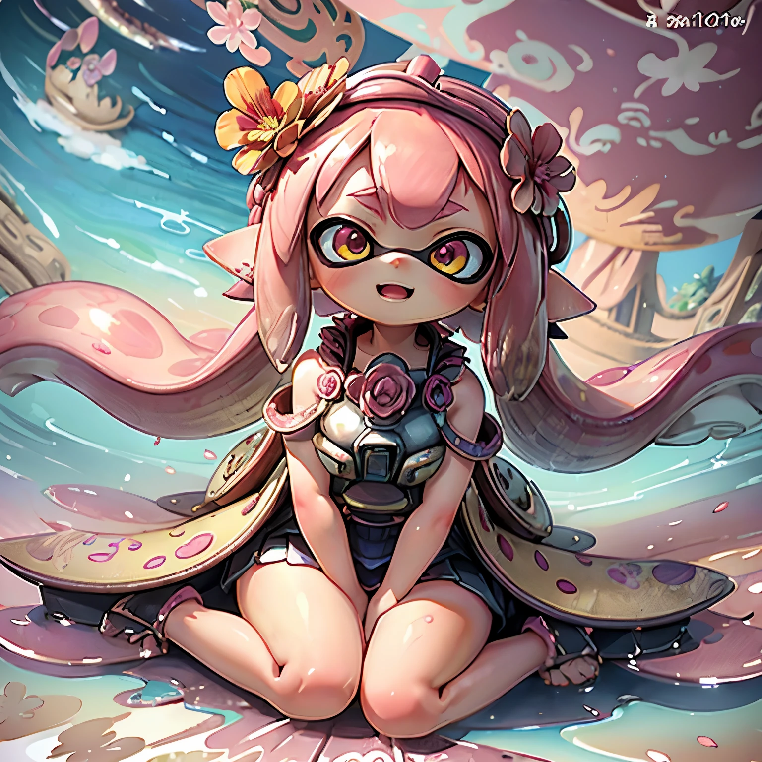 masterpiece、highest quality、High resolution、Real Anime、3D、background image、Flower Field、Flowers on one side、Lots of petals、SakuraFubuki、beautiful、beautiful、You can see far from the top of the hill、Ultra-wide angle、Splatoon Girl、20-year-old、Sharp face line、((Angle from below))、((full body))、Golden Eyes、Pink tentacle hair、Metallic shiny tentacle hair、Flower Hair Ornaments、Flower crown、(((looking up:1.5)))、Looking at the flowers above、Open Mouth Smile、blush、Sitting、The flowers are scattered far and wide、Punk Battle Suit、Grabbing a gun、Clear sky、Little clouds、