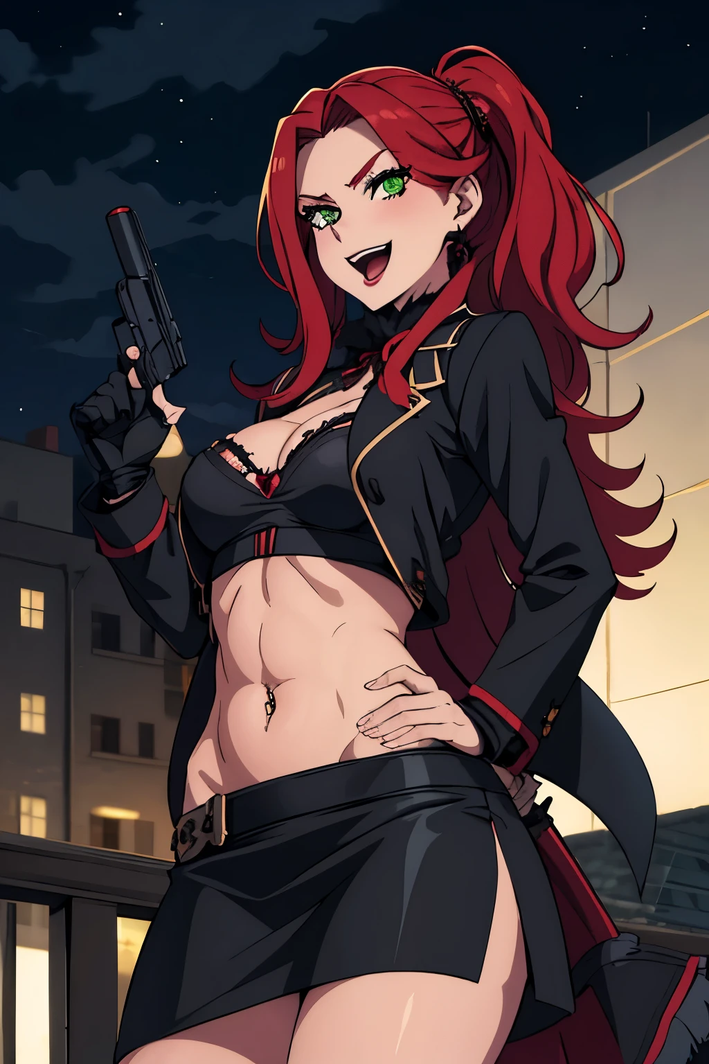  verapgr_nife, jewelry, long hair, big breast, blush, lipstick, outdoors, rooftop, cityscape, building, railing, night, night sky, scenery, city lights, fur trim, mature female, gloves, fur-trimmed coat, masterpiece, best quality, highly detailed, a girls with a gun, evil smile , open mouth, sexy gaze, badass pose , evil smile, smile, (nsfw) not safe for work, guns blazing, anime girl with long hair, beautiful long haired girl, navel, evil expression, exposed belly, exposed navel, exposed midriff, exposed lower belly, long black pants, crop top, cleavage, unbuttoned leather pants ,open fly, low rise black leather pants, leather jacket, holding a gun, mouth open and tongue out, open,