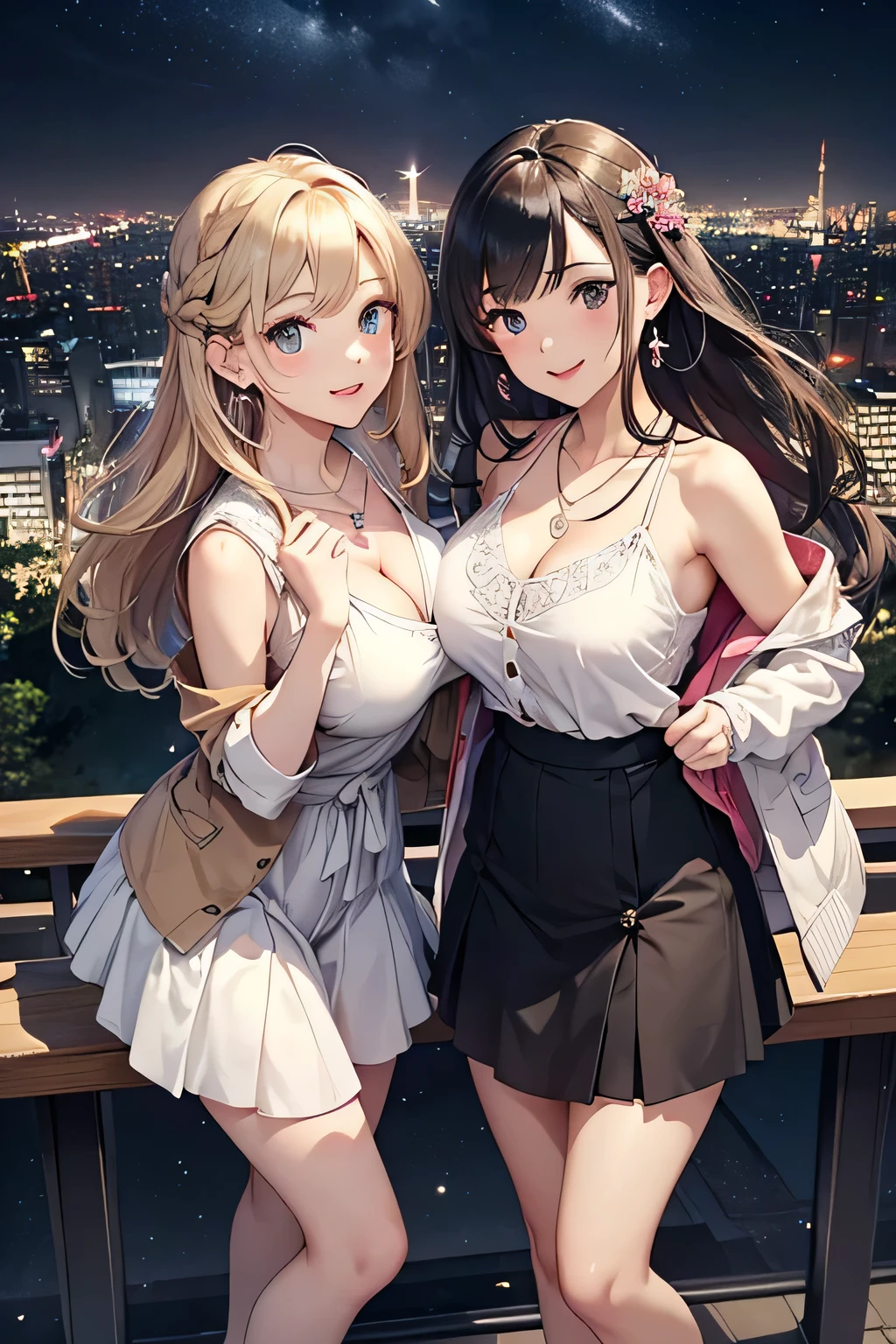 highest quality、High resolution、Detailed Background、(Beautiful face in every detail:1.4)、Anatomically correct、(Detailed facial expressions)、(Detailed eyes:1.2)、age beauty、(Highly detailed face:1.4)、(Huge breasts:1.3)、Cute hair colour、Braided long hair、Wavy Hairstyle、Cute hairstyle、well-groomed eyebrows、Cute Eye Makeup、Cute Lip Makeup、Perfect body line、A neat and mature impression、Cute gestures、A big smile、Accentuate your cleavage、
(Two beautiful women having a good time with a night view spot in the background:1.5)、
For tops, we recommend chiffon blouses and shirts with frills that have feminine textures and details.、The colors are light pastels and creams.、beige、Pink and other colors give a cute impression、Knee-length flared skirts and pretty wide pants are stylish.、The skirt is made of chiffon or satin、Wide pants have a waist mark、
We recommend wearing a short jacket or cardigan as a cover-up.、
While giving an elegant impression、The color is beige、gray、Plain colors such as black are basic.、
Pumps and sandals are fashionable、We recommend a heel height of about 5cm.、
The feminine decorations, such as those with straps and ribbons, create a cute atmosphere.、Earrings、necklace、It is fashionable to combine it with rings etc.、
We recommend items with elegant textures such as pearls and jewels.、
Tokyo Tower、You can see the night view of the city center、A classic night view spot、The illumination at night is especially beautiful.、Tokyo Sky Tree、Roppongi Hills Observation Deck、Tokyo Midtown、A high-rise observation deck overlooking the Shinagawa night view、Shinjuku Gyoen National Garden、Calm atmosphere、very beautiful