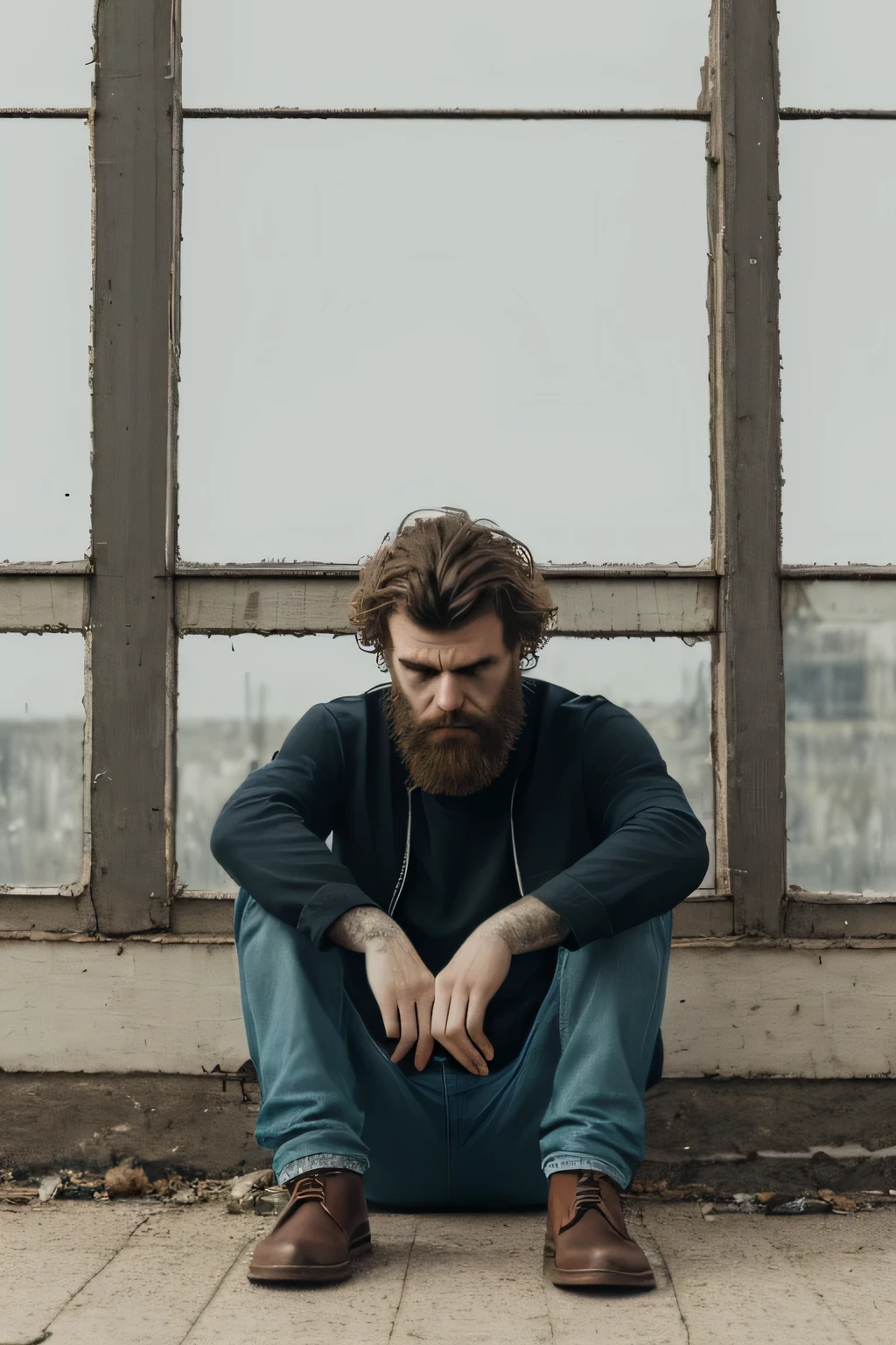 man sitting facing us looking alcoholic depressed sad with a beard and messy hair angry clothing tearing dirty clothing