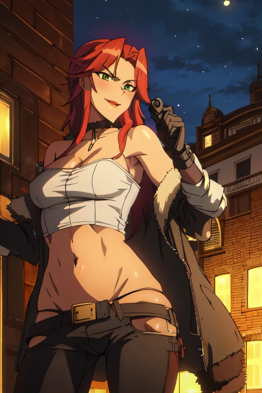 Masterpiece, Super High Quality, Beautiful Details, Highly Detailed,16k, Exquisite, Absurd, High Resolution, Beautiful Background, Beautiful Eyes, Beautiful Skin, Anime Style, (Focus on Upper Body:1.3), 1 Girl, Standing has, sexy pose, (cowboy shot:1.5 ), breaking emerald, blue eyes, very long eyelashes, long eyes, (skull and skull clothing), black cloak, gloves, shining blonde hair, skull hair ornament , (facial scar), weapon, boots, medium chest, (red bikini: 1.5), scar on body, looking up from below, ascot, Blake Surrealism, Realistic: 1.3, 3D, super detailed, masterpiece, 16K illustrations, highly detailed CG unity 8k wallpapers, top quality, absurd, official art, dramatic lighting, detailed skin textures, detailed cloth textures, beautiful detailed faces, intricate details, super details, Rim Light, Side Lighting, Cinematic Light, Ultra High Definition, Surrounding 8K, Film Grain, Best Shadows, Delicate, Raw, Break Star \(Sky\), Cinematic Lighting, Space ,Holster,