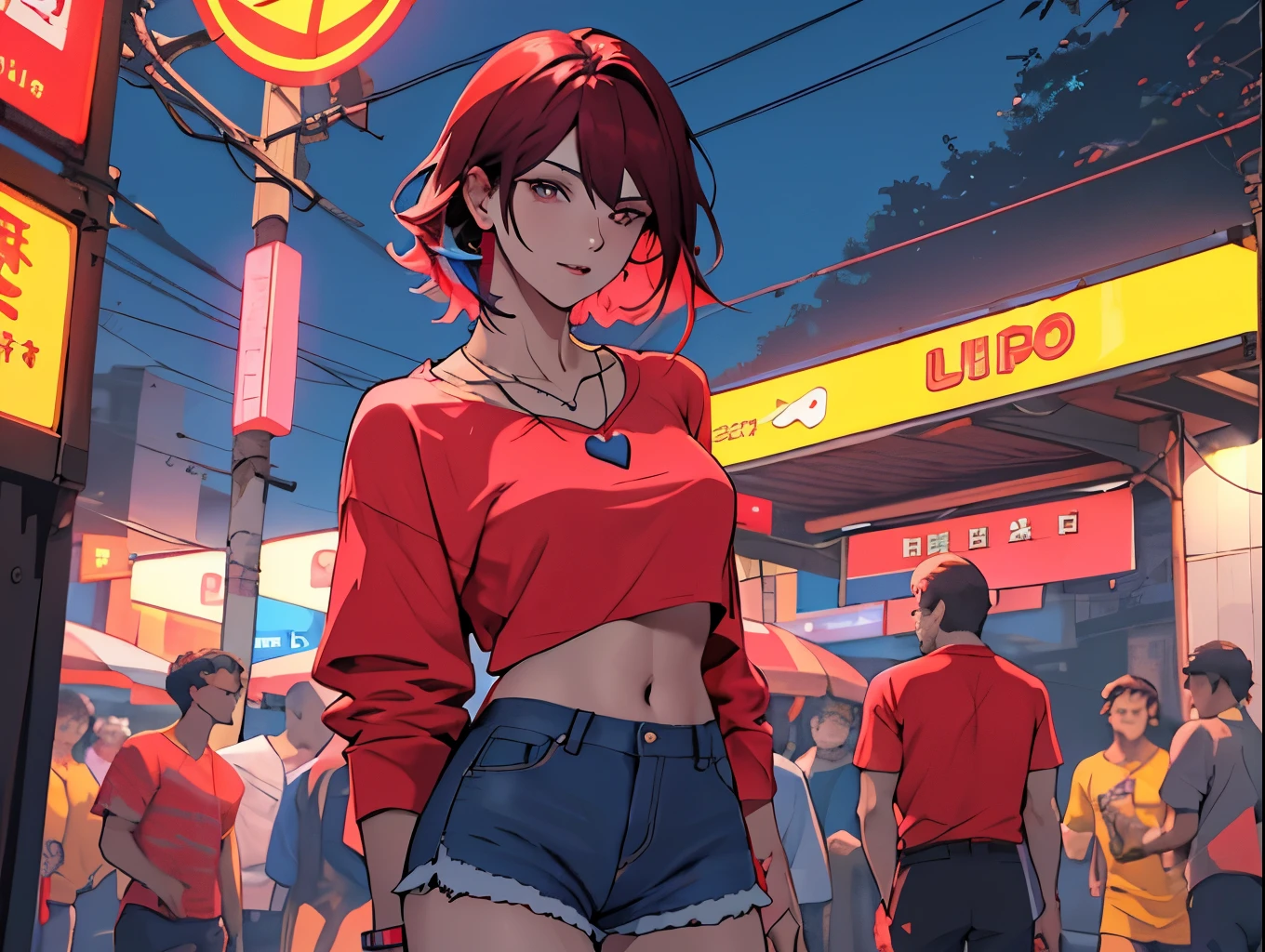 4k, June Scenario, linda mulher, cabelo longo, cabelo castanho, medium breasts, olhos azuis, camisa branca, hot pants, neon red heart necklace, olhando para o espectador, noite, colorful hydrangea