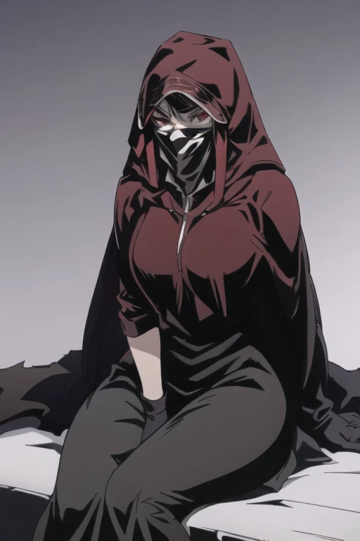 No name assassin, red eyes, breasts, cloak, robe, long skirt, mask, gloves, hood, cape, sitting, best quality, masterpiece,