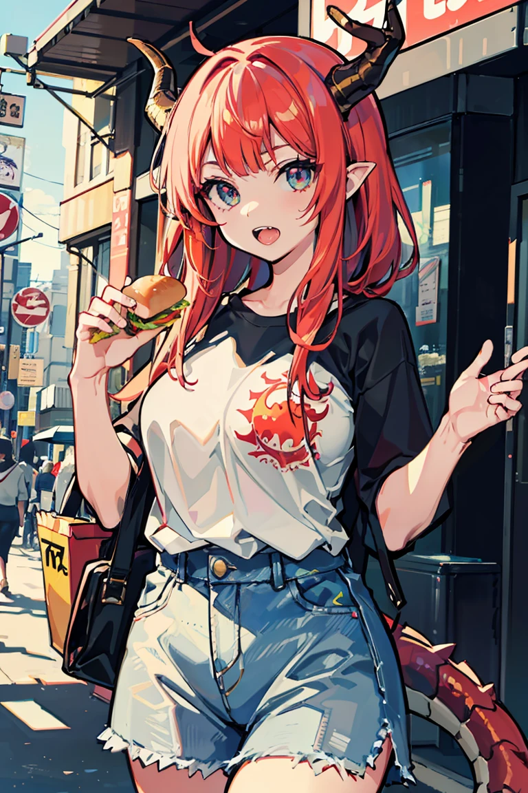(1 girl), (Dragon Girl), ((Oriental dragon horns growing from the head)), Asymmetrical Hairstyles, (super high quality), masterpiece, Cowboy Shot, Crimson Hair, Mid cut, Tie the ends of your hair, Casual Scene, Tense atmosphere, She is wearing fashionable clothes, sun, Emits warm tones, Street atmosphere, Perfect body, (E Cup:1.2), Open your mouth wide, Eating a hamburger, Jagged teeth, Fresh, (Long bangs:1.3)Highly detailed face and eyes, Band T-shirts, Digital Art, beautiful, Cinema Lighting, by Yusuke Murata.tonality, Romanticism, modern art, Impressionism, reflected light, 8k, masterpiece, Advanced Details, highest quality, Accurate anatomy