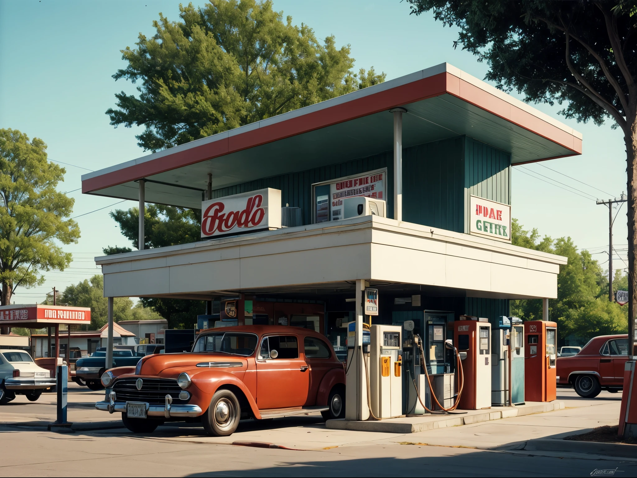pumping gas, vintage gas station, (realistic:1.3), art deco design, trees, parking car, nostalgic, retro style, warm afternoon light,