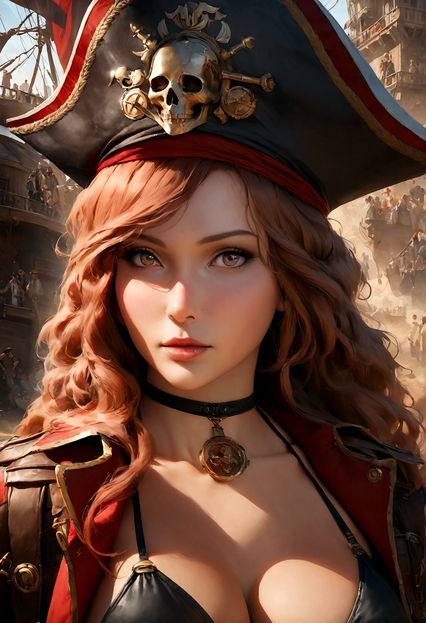 Gates McFadden (age 30) as a sky pirate, sexy over exposed revealing pirate bikini (alluring an d brave), pirate hat, sword and pistol at her side, on a red themed steampunk airship with crew, masterpiece, best quality, 8k, realistic, photorealistic, ultra-detailed, extremely detailed, sharp focus, vivid colors, professional, physically-based rendering, concept art
