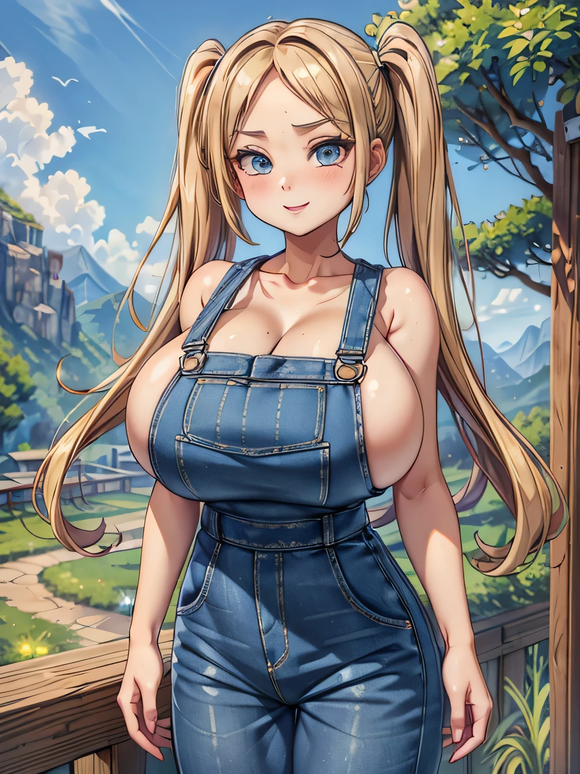 (((highest quality、8k、masterpiece:1.5)))、(Slanted Eyes、Blonde、Twin tails、(Big Breasts:1.2)、Denim overalls naked、))、((Perfect Anatomy))、whole body、smile、Facing forward、looking at the camera、grassland
