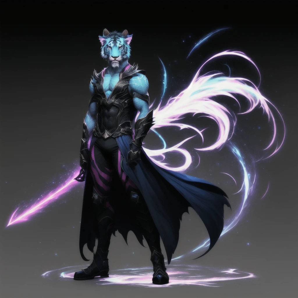 knollingcase, a solo full body were-tiger/man[buff, muscular, (pink and teal striped)], (((vibrant, photo realistic, realistic, dramatic, sharp focus, 8k))). In the vibrant glow of the cosmos, a young furry with an ethereal and devilish demeanor emerges, his features bathed in the lunar glow. His fur, pink and teal striped, reflecting like a mirror, the starlit night. Within his captivating gaze, galaxies swirl, vibrant hues of cosmic dust and celestial wonders painting a mesmerizing tapestry in shades of blue. Adorning his maw, ferociously caging, are a pair of sabertooth fangs, a sharp addition that adds a feral touch to his captivating gaze. His presence evokes a sense of pride, drawing the viewer into a realm where darkness and beauty intertwine. As his presence commands attention, the enigmatic allure of this captivating figure captivates the imagination, inviting contemplation of the hidden depths that lie beneath his captivating gaze.