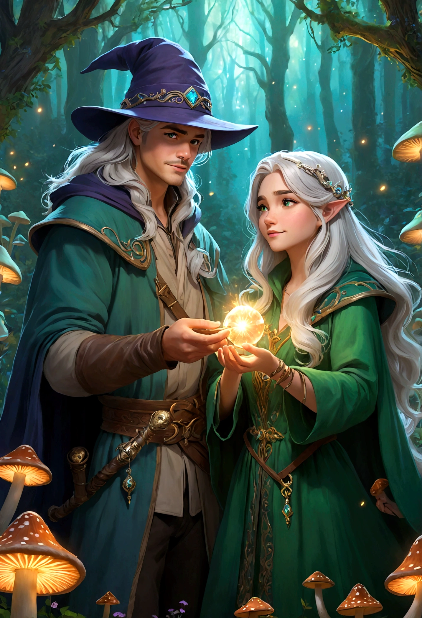 Luna is a beautiful, ethereal lady with long, flowing silver hair and a delicate, shimmering gown. She carries a glowing, crystal wand. Jax is a charming, adventurous guy with a mischievous grin. He wears a bright green hat and a matching cloak with a golden clasp. jax and Luna are standing facing each other, surrounded by a ring of mushrooms. Jax is holding a small, intricately carved wooden box, and Luna is holding her crystal wand. They are engaged in a magical duel, with sparks and glitter flying between them.
