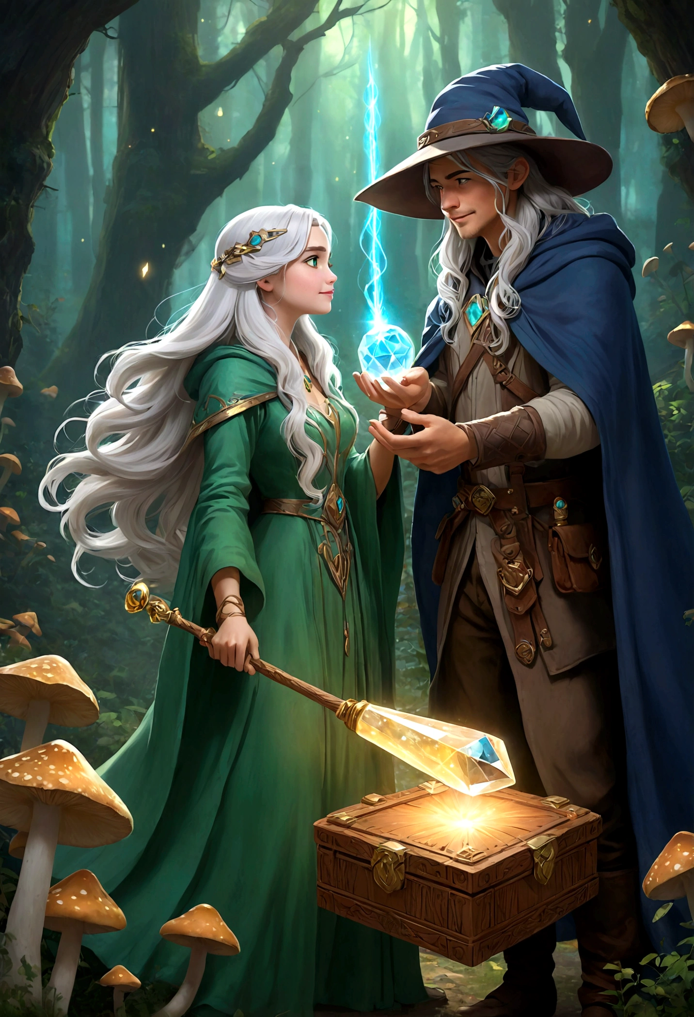 Luna is a beautiful, ethereal lady with long, flowing silver hair and a delicate, shimmering gown. She carries a glowing, crystal wand. Jax is a charming, adventurous guy with a mischievous grin. He wears a bright green hat and a matching cloak with a golden clasp. jax and Luna are standing facing each other, surrounded by a ring of mushrooms. Jax is holding a small, intricately carved wooden box, and Luna is holding her crystal wand. They are engaged in a magical duel, with sparks and glitter flying between them.