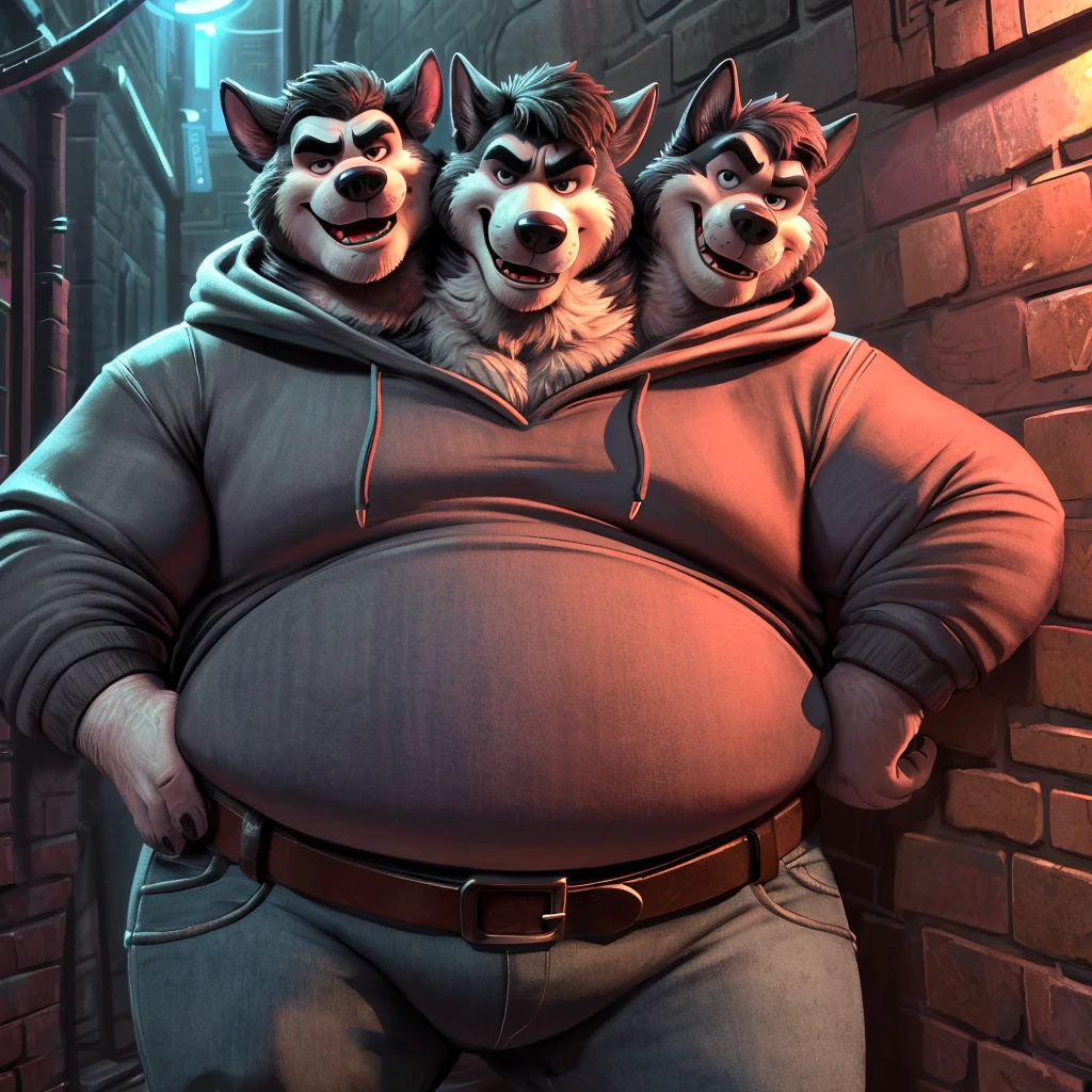 solo, siberian husky, three identical heads on one body, black and white fur, siberian husky ears, masculine, necks, (eyes), adult, male, 50 years old, (stylized 3d, by disney, by rembrandt), by pixar:1.1, by dramamine, ugly, (obese), dark alley background, (fully clothed, hoodie, jeans, belt), correct hands, correct anatomy, (ultradetailed, best quality, detailed masterpiece, highly detailed masterpiece, 4k, professional cartoon:1.7), (natural pose), (detailed expressions, angry, laughing, sexy smile)