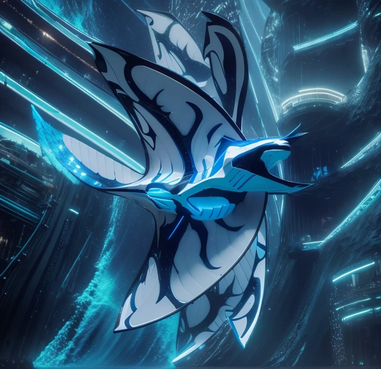 A giant manta, white with blue fluorescent designs in the back, with 6 wings, photorealistic, 8k, uhd, masterpiece, in a underground sea of nitorgen