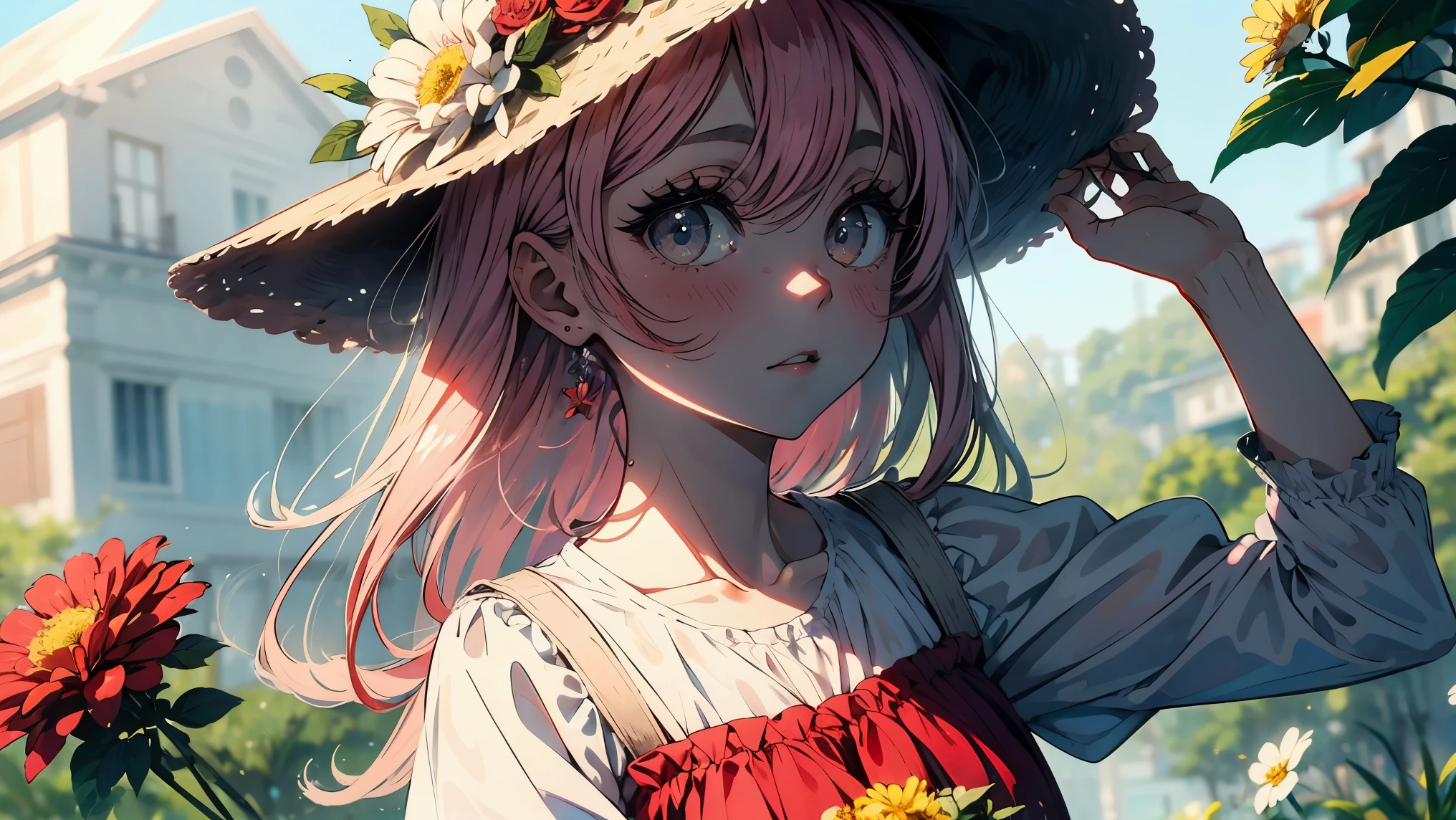 ((obra-prima, melhor qualidade)), 1girl, flor, solo, gasai yuno, vestido, segurando, heaven, nuvem, kalap, ao ar livre, franja, bouquet, rosa, gasai yuno, no expression, blush, cabelo rosa, campo de flores, flor vermelha, olhos cor-de-rosa, vestido branco, olhando para o espectador, cabelo midiium, segurando flor, seios pequenos, rosa vermelha, holding bouquet, sunhat, headwear branco, profundidade de campo