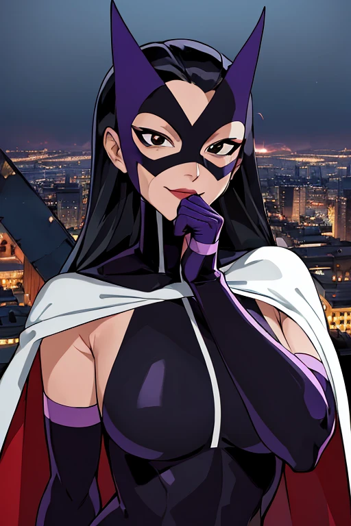 ((masterpiece,best quality)), absurdres,
Huntress_JLU, upper body, cape, detailed mask, smug,
night sky and city lights in background, cinematic composition,