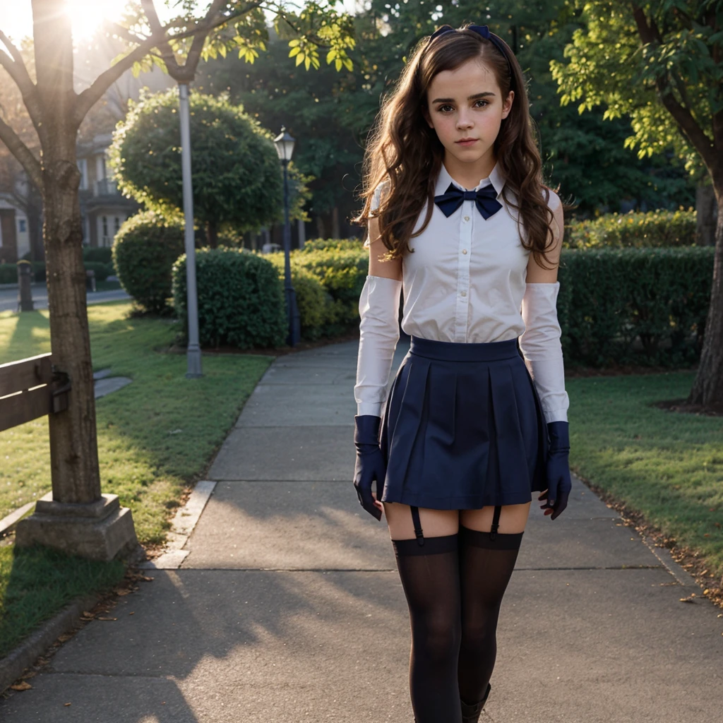 Teen Emma Watson, long curly hair, head bow, super tiny miniskirt, nylon long elbow gloves, PANTY, SUPER REALISTIC FULL DETAILED NAVY PANTYHOSE, long boots, sun light
