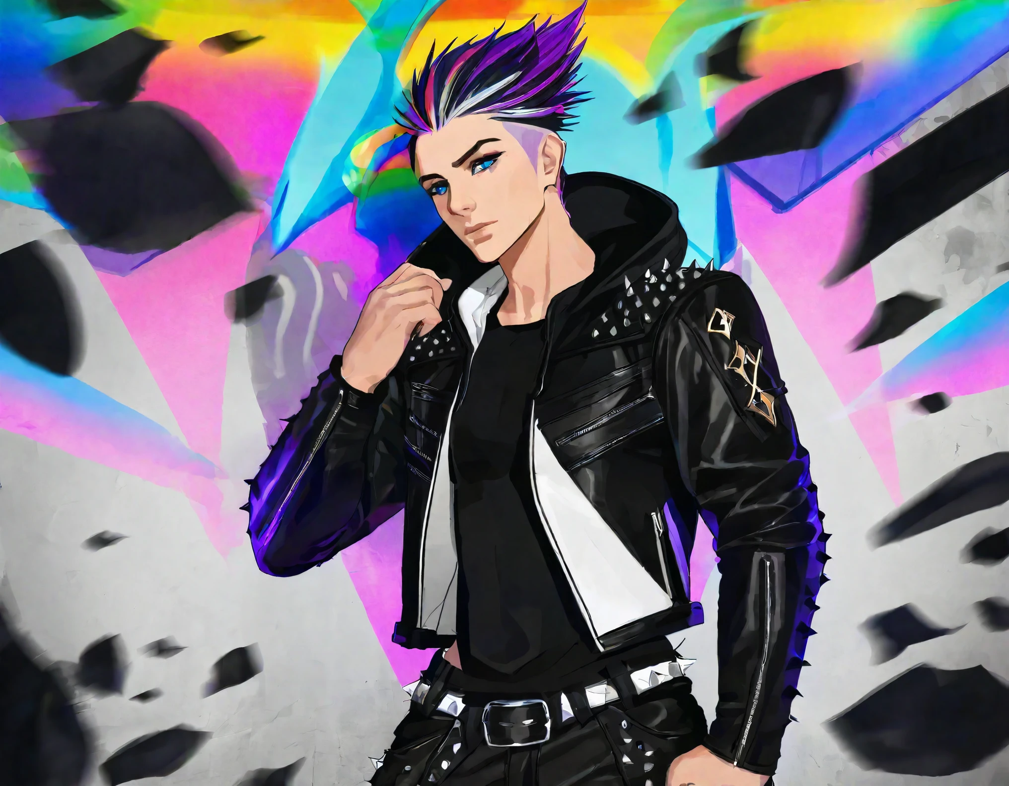 white human male, 30s age, purple medium spiky hair, blue eyes, muscular god body, black and white leather jacket with hood, black shirt, black and white leather pants, black boots, rainbow magical aura on his hands