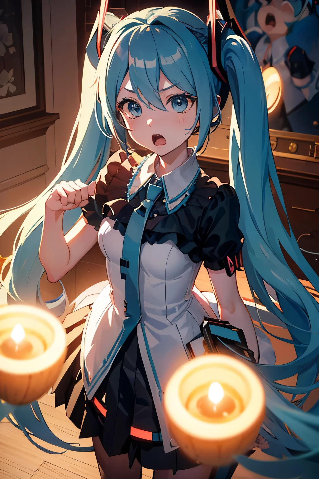 Masterpiece, Best Quality, (Animated scene: 1.4), (Miku: 1.5), (Teto: 1.3), Long hair, twin tails, blue eyes, red hair, screaming expression, (indoor: 0.9), (music room: 0.8), (eyes wide open: 1.1), (hands covering mouth: 0.9), (exaggerated expression: 1.3), Miku's Outburst, Miku's Anger Towards Teto, Music Room Fracas, Vocaloid Vocal Dispute.