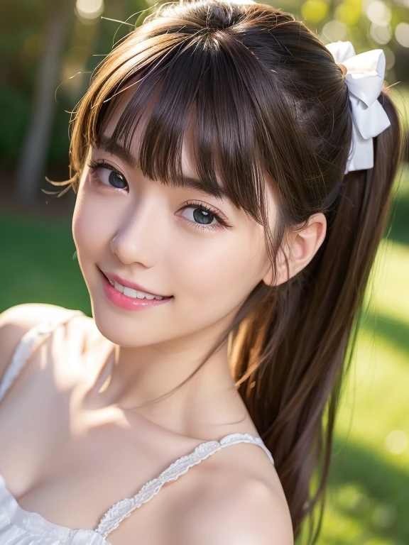 (highest quality、8K masterpiece、超A high resolution)、(Realistic:1.3)、highest qualityの柔らかな自然光, RAW Photos、Extremely detailed CG, 1 girl、、Pale skin:1.4, Shine, Clear Skin:1.2、((Ultra-Realistic Details))、Portraiture、All the characters are super realistic.:1.6、Global Illumination、Octane Rendering:1.2, Shadow1.2、8k、Ultra Sharp、Very intricate details、With a small face、pale cheeks:1.1、(With a cute smile:1.4)、((Beautiful Eyes、Light enters the eyes:1.4、Staring at a lover、Adorable eyes:1.2 )) 、((Shiny Hair Brown twin tails, 、Delicate texture、Voluminous Hair:1.1、thick hair:1.2 )), (Big ample breasts:1.2)、Captivating beauty、Captivate what you see、Damask Shirt Dress、( Shrug:1.2)、Cleavage、Outdoor 、A spacious space with greenery and flower beds々And::1.4、garden 、Wind , From the side