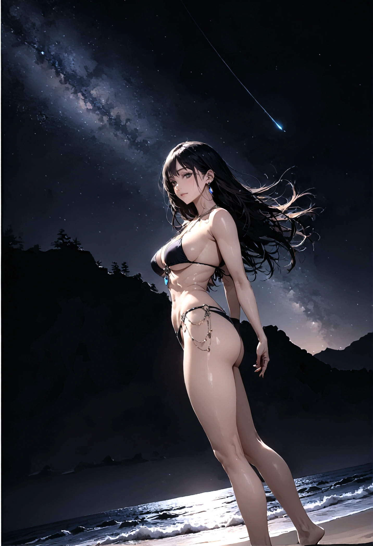 8k, masterpiece, RAW Photos, highest quality, Realistic, Very detailed, Depth of written boundary, Cinematic Light, Anatomically correct body, 
One beautiful 40 year old woman, Very beautiful face, Exquisitely detailed face, (A calm and gentle face:1.4), Very delicate skin texture, Transparent muscle, Shiny white skin, Glamorous Body, 
(Wavy black long hair:1.2), Sexy Breasts, Sexy ass, 
(Brazilian Bikini:1.2), (Detailed cloth texture:1.2), (Gorgeous jewel-studded body chain accessories:1.3), (Gorgeous necklace:1.1), (Gorgeous earrings:1.1), 
(Dark starry background:1.4), (Milky Way:1.1), (milky way:1.1), (shooting star:1.1), (Dark coastline at night:1.4), (Pitch black sea surface:1.4), 
(Standing on the beach:1.2), 
(Low angle shot:1.5), 