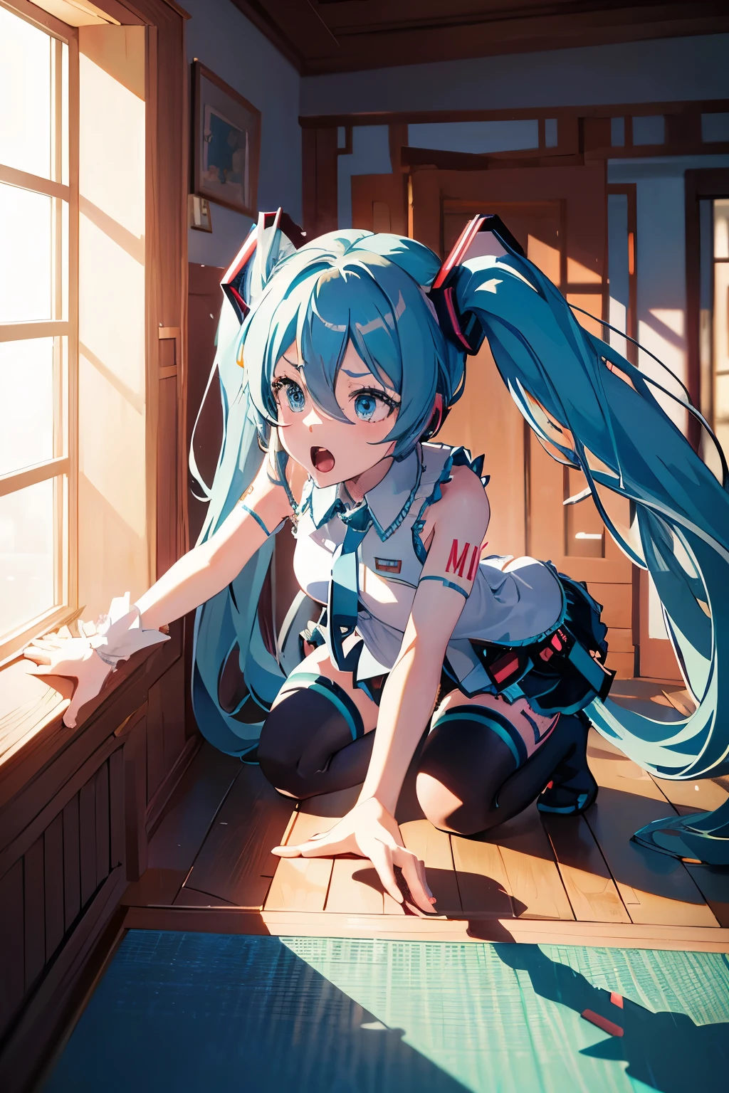Masterpiece, Best Quality, (Animated scene: 1.4), (Miku: 1.5), (Teto: 1.3), Long hair, twin tails, blue eyes, red hair, screaming expression, (indoor: 0.9), (music room: 0.8), (eyes wide open: 1.1), (hands covering mouth: 0.9), (exaggerated expression: 1.3), Miku's Outburst, Miku's Anger Towards Teto, Music Room Fracas, Vocaloid Vocal Dispute.