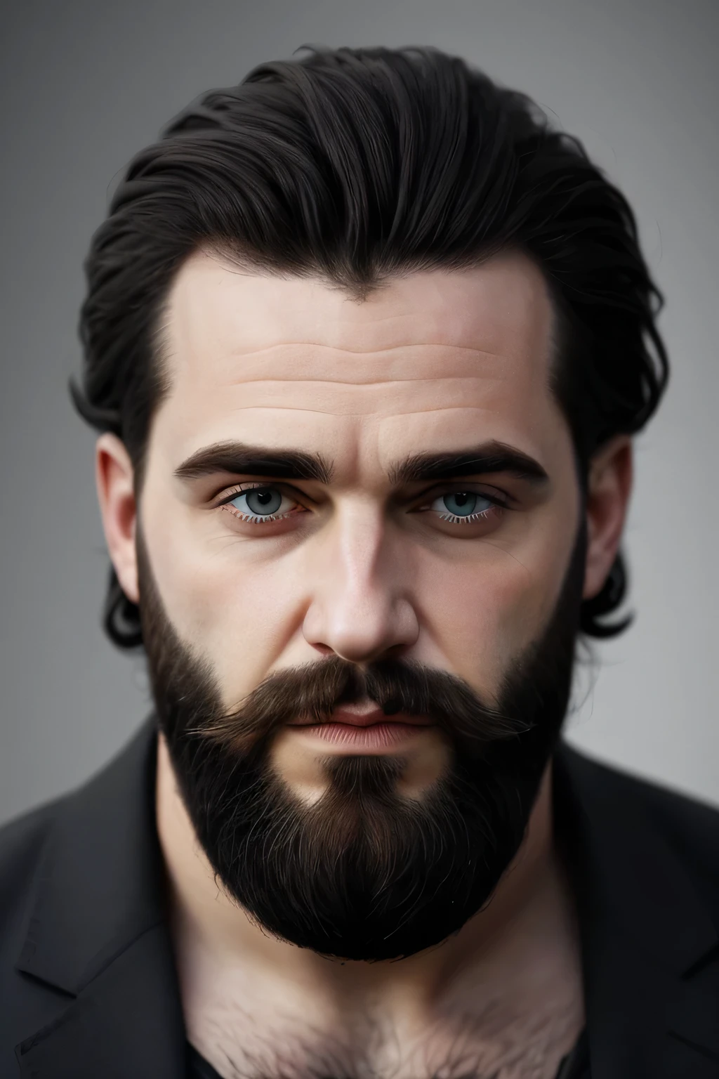 homme  type animé face a nous air alcolique deprimer triste avec une barbe et cheveux en désordre énerver vetement dechire noir vetement sale avec un regard persistant agée de 50 ans ou plus